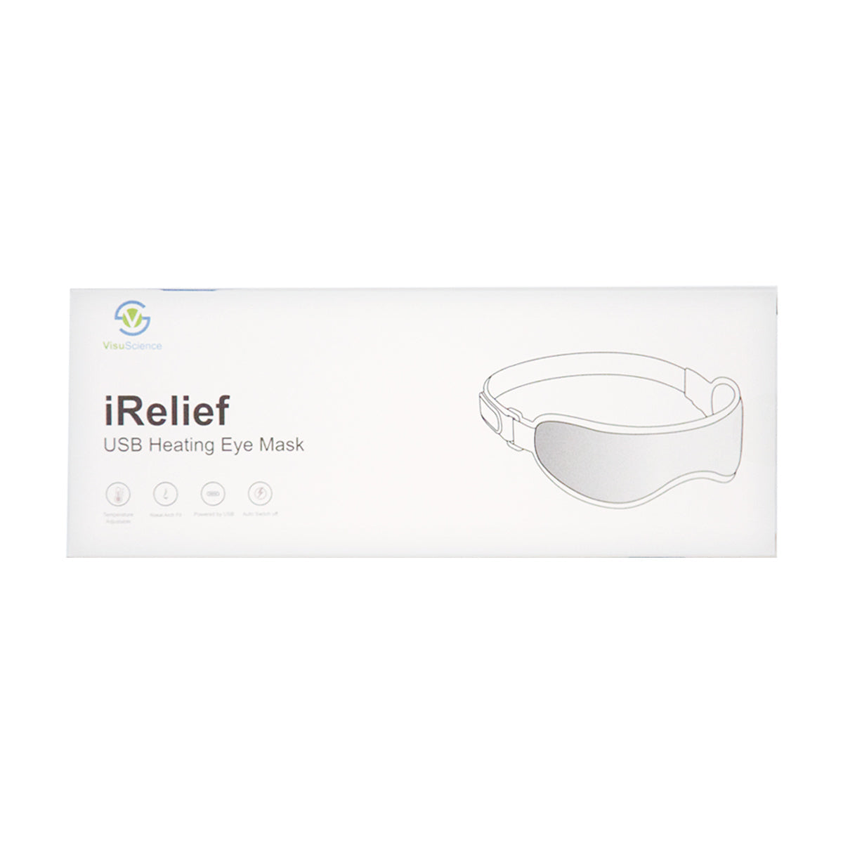 The packaging for VisuSciences I-Relief USB Eye Heat Mask with removable insert is elegantly simple, showcasing a white background and a line drawing of the mask. It highlights USB-powered convenience and promises heating comfort to relieve eye fatigue.