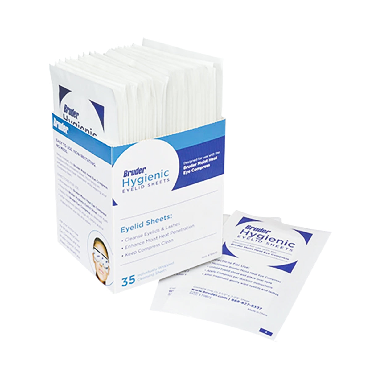 A box of Bruder Hygienic Eyelid Sheets 35 Count (Used with Bruder Mask) stands upright, highlighting its non-allergenic sheets for eyelid hygiene, eye health support, and debris removal. One sheet is placed in front of the box.