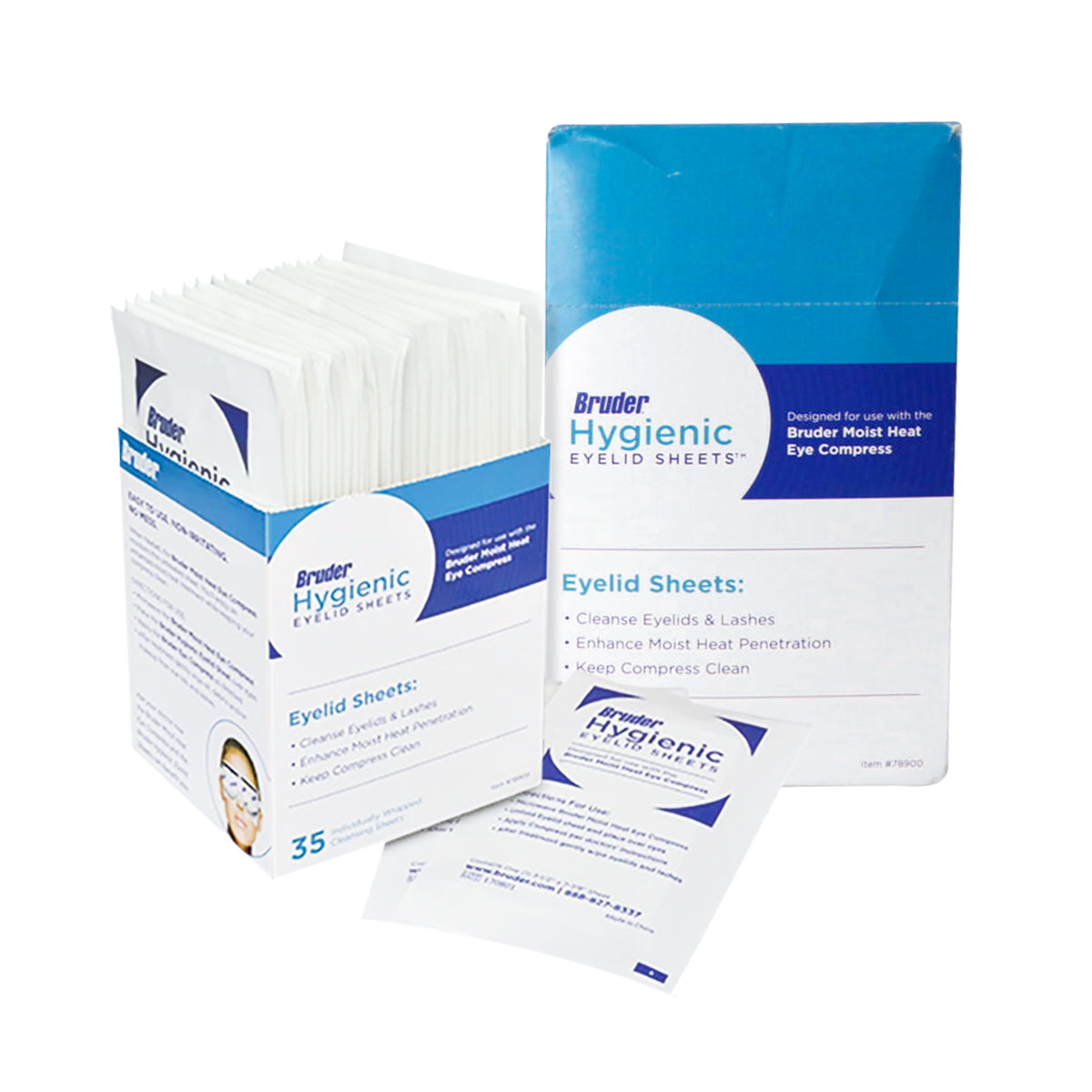 The Bruder Hygienic Eyelid Sheets 35 Count Box features a blue and white design with 35 non-allergenic sheets for eyelid hygiene to enhance moist heat therapy; an individual sachet is displayed in front.