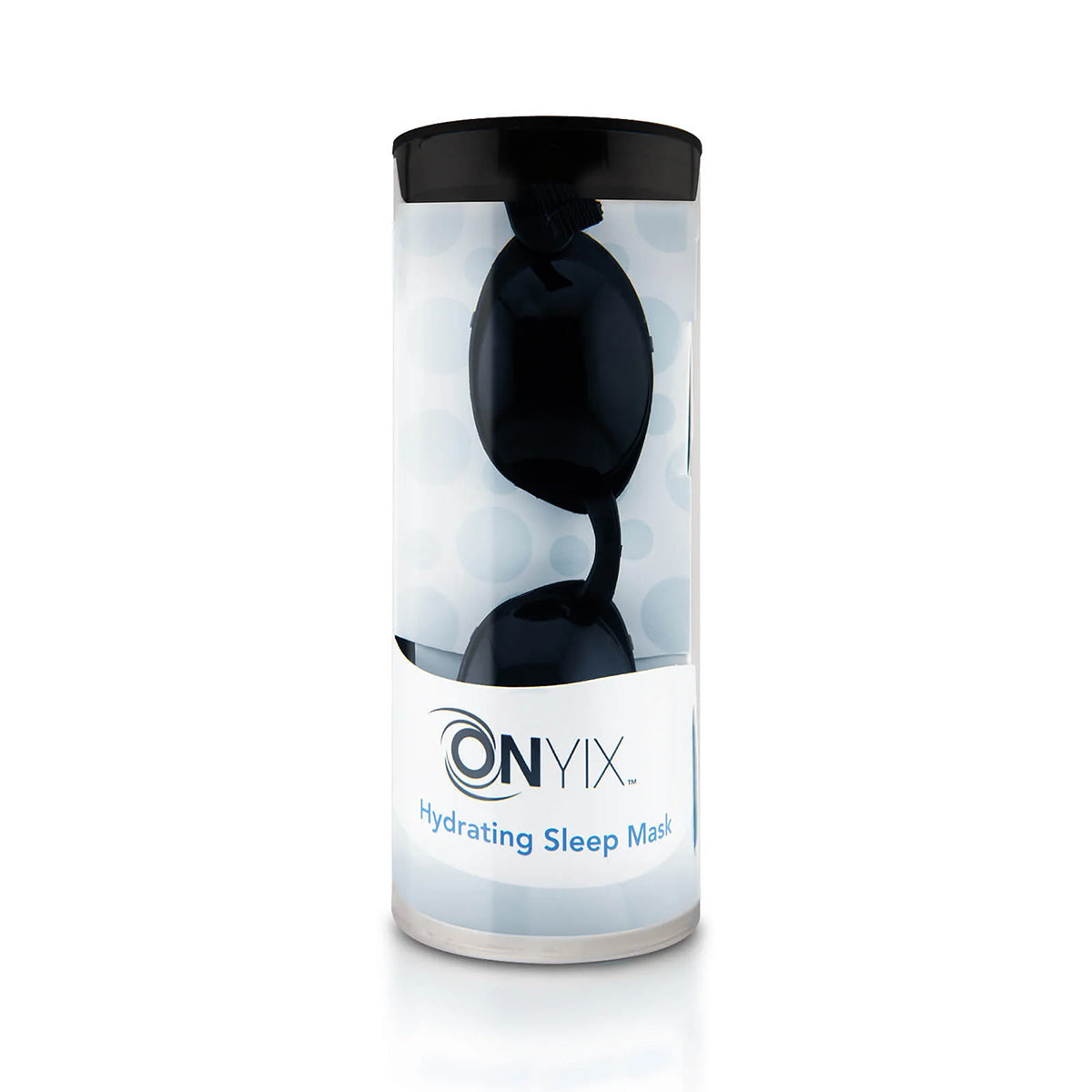 A cylindrical package for the EyeEco Onyix Hydrating Nighttime Sleep Mask by PRN reveals a clear section displaying the black mask inside. Labeled with CPAP compatibility, it promises optimal hydration and dry eye protection. Both ends of the cylinder are black.