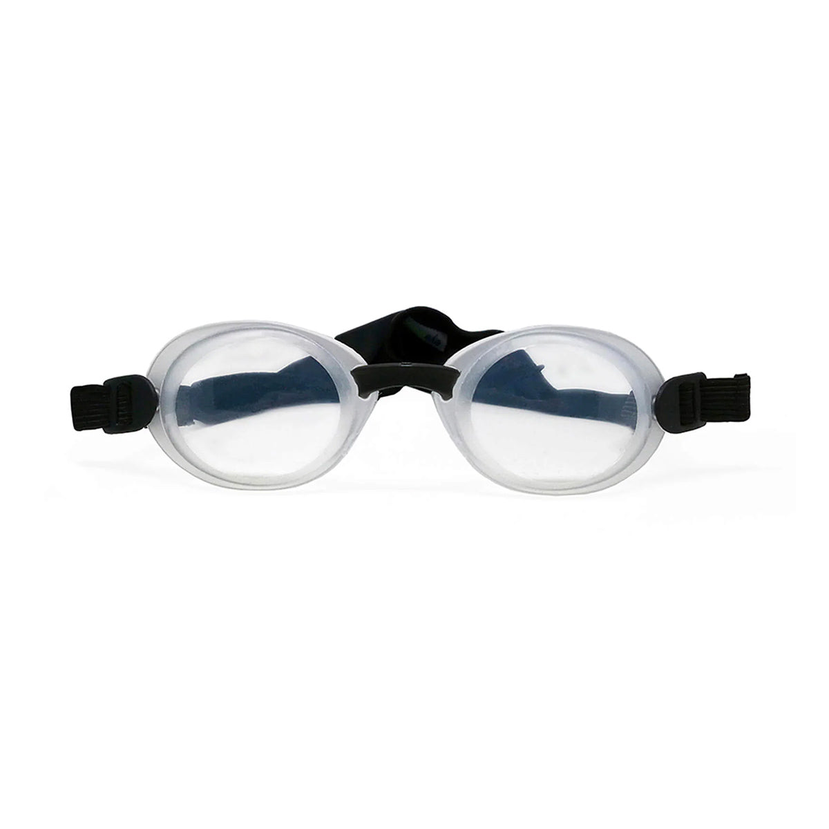 The EyeEco Quartz Hydrating Sleep Mask by PRN offers sleek, clear design and silicone shields with black straps, ideal for nighttime dry eye relief. Shown on a white background.