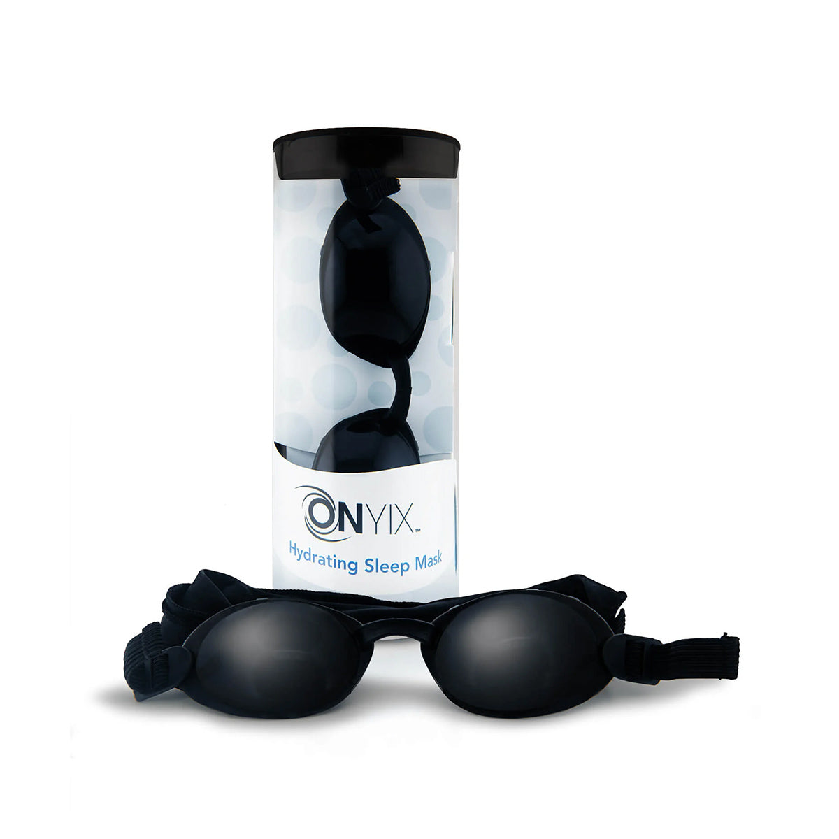 A black EyeEco Onyix Hydrating Nighttime Sleep Mask for Eye Relief by PRN, compatible with CPAP and protecting dry eyes, is shown against a white backdrop with a cylindrical container labeled Onyix Hydrating Sleep Mask in front of it.