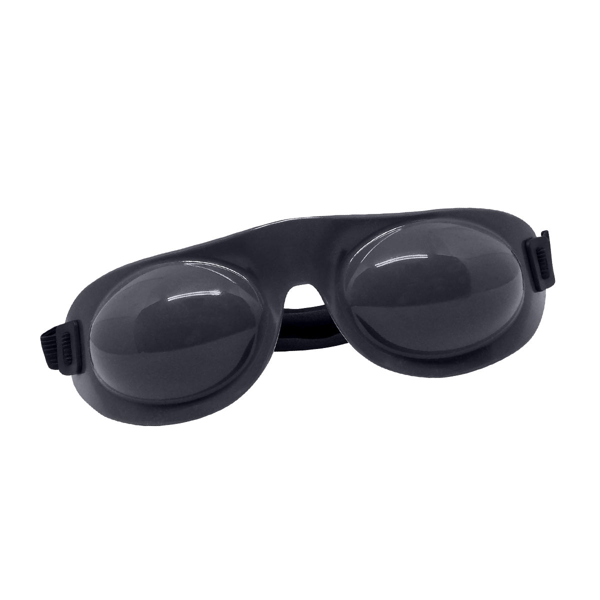 A dark, round EyeEco Eyeseals 4.0™ hydrating sleep mask with glossy lenses and an adjustable strap from PRN, designed to combat dry eyes for CPAP users, rests on a pristine white background.