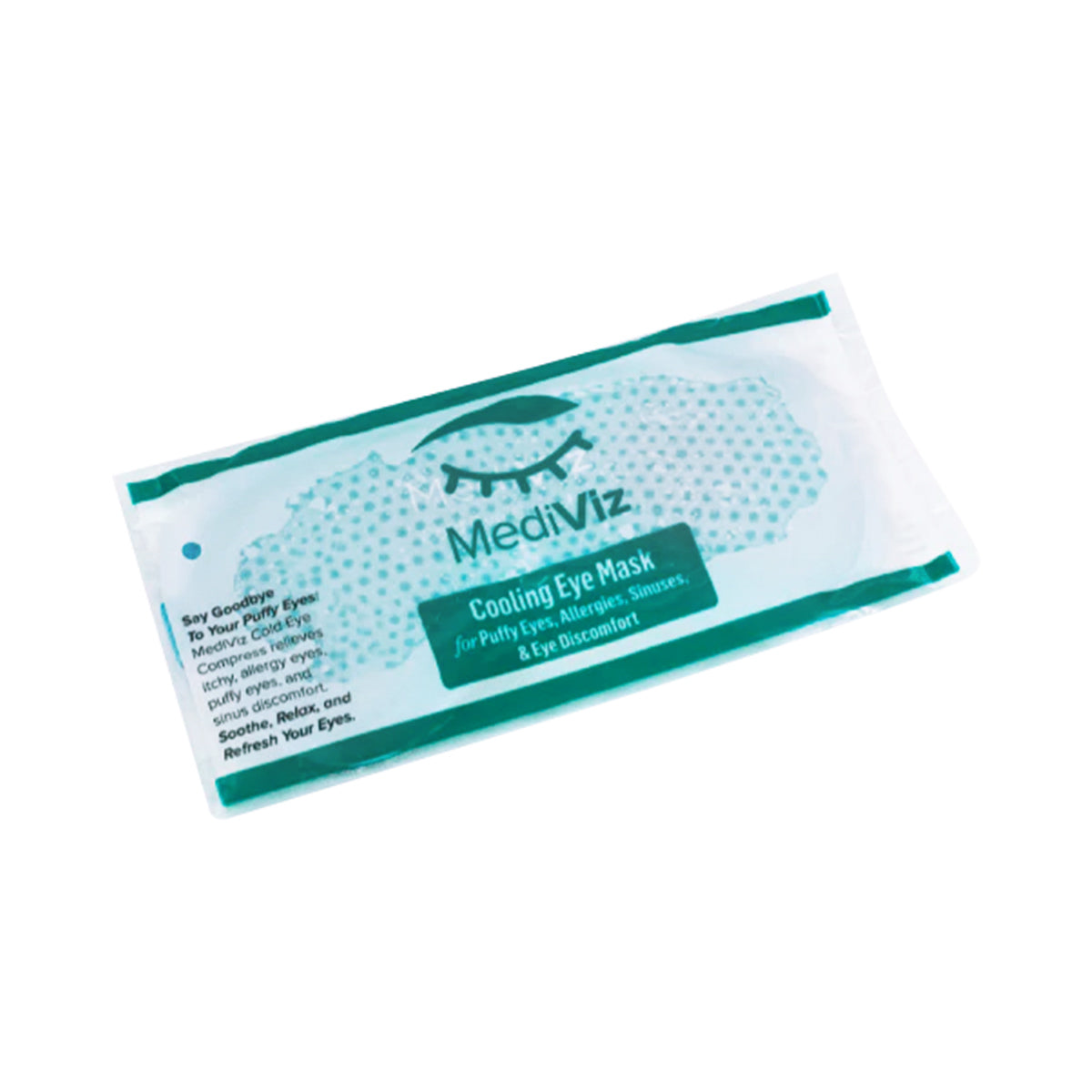 The PRN MediViz Cooling Eye Mask, enclosed in a green and white transparent package, provides relief for puffy eyes, allergies, sinuses, and itchy eyes.