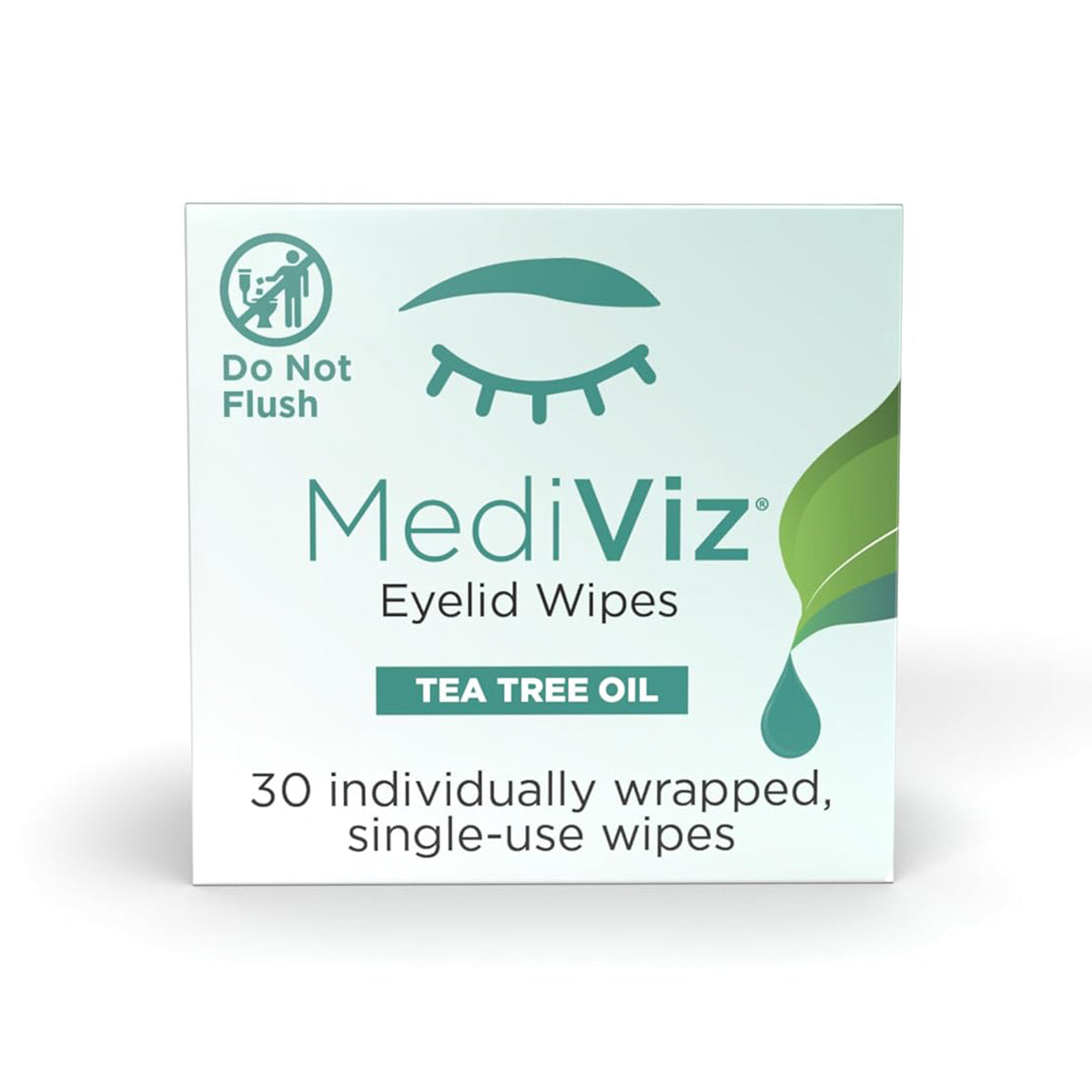 Image of a box of Mediviz Tea Tree Eyelid Cleansing Wipes by PRN - Physician Recommended Nutriceuticals. The packaging, featuring a stylized eye and leaf, advises Do Not Flush and includes 30 single-use wipes.