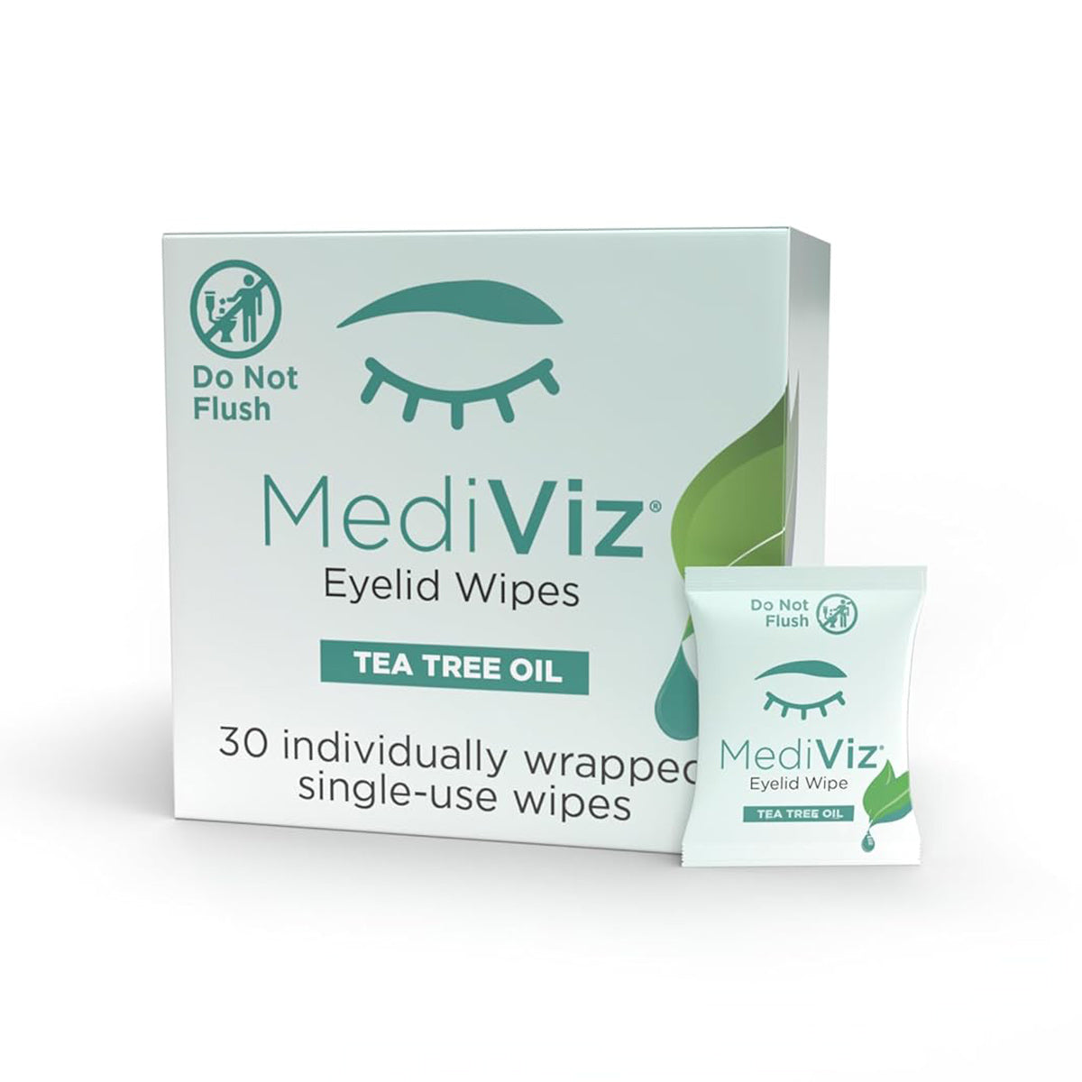 A box of PRNs Mediviz Tea Tree Eyelid Cleansing Wipes is ideal for eyelid care. The packaging features an eye icon and a Do Not Flush symbol. It includes 30 individually wrapped, single-use wipes, with one packet displayed in front of the box.