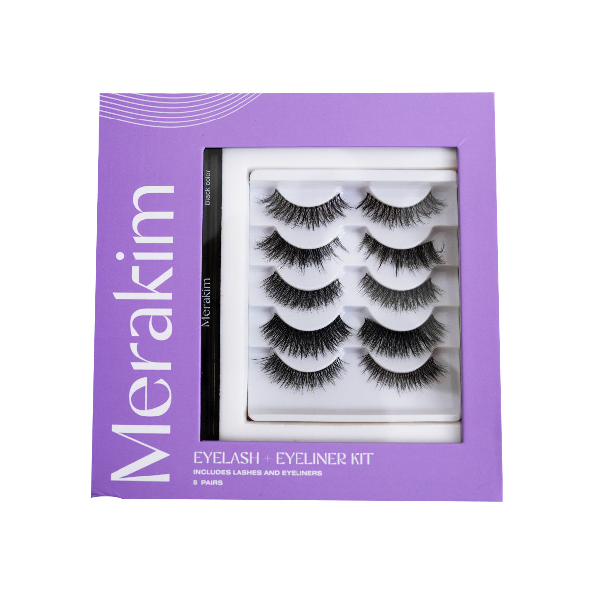 The Merakim Eyes on Beauty Lashes packaging shows five pairs of faux mink lashes with eyeliner, features Black Color, and states Includes Lashes and Eyeliner for a glamorous look using magnetic precision.