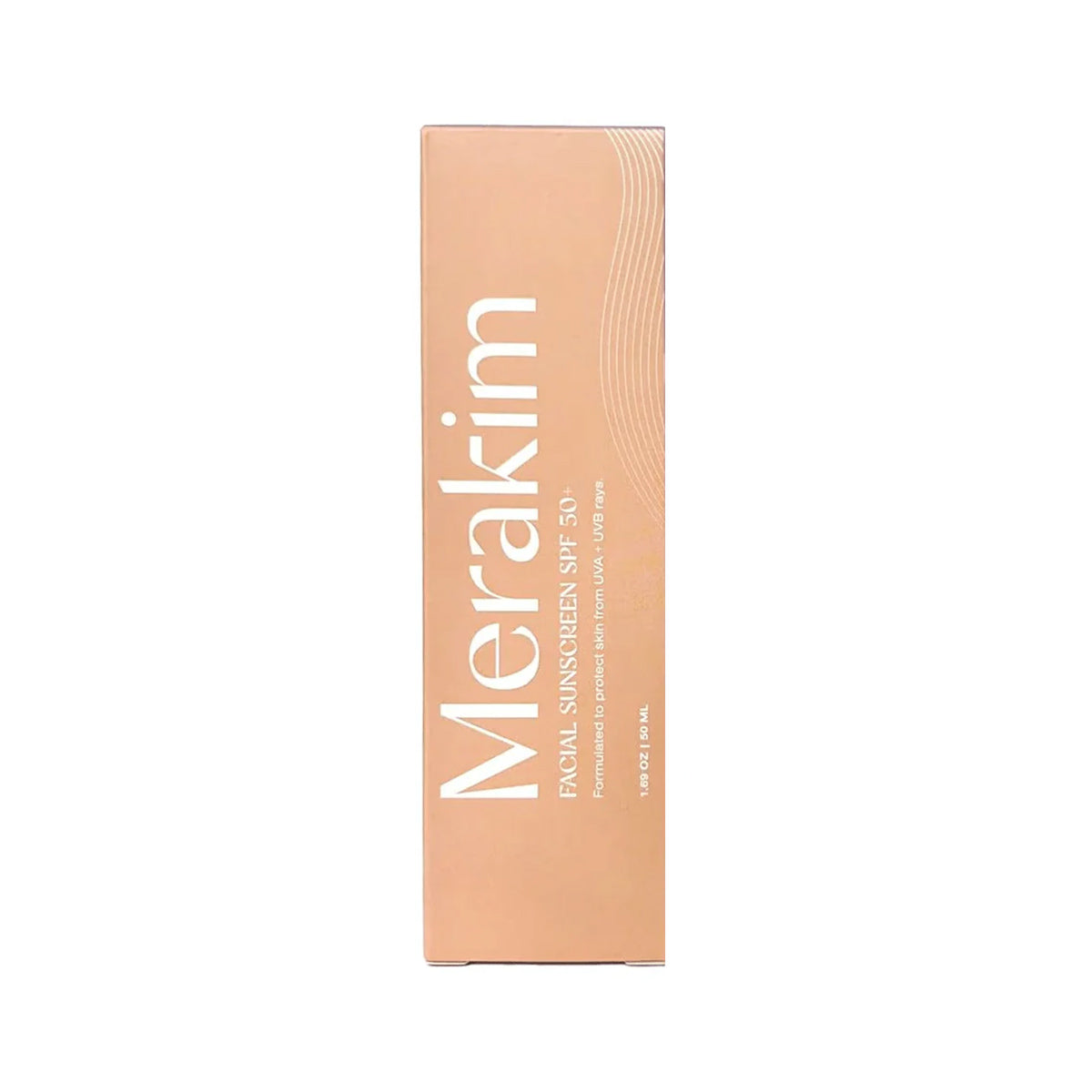 The peach box of Merakim Facial Sunscreen SPF 50 features white text with Merakim vertically displayed. Its designed for sensitive skin and provides broad-spectrum protection, highlighting zinc oxide as a key ingredient.