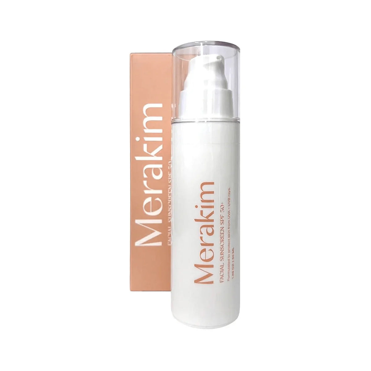 The Merakim Facial Sunscreen SPF 50 (50mL) features a white pump dispenser with a transparent cap and comes in a peach-colored box. Its designed for sensitive skin, providing moisturizing and broad-spectrum protection for optimal care and hydration.