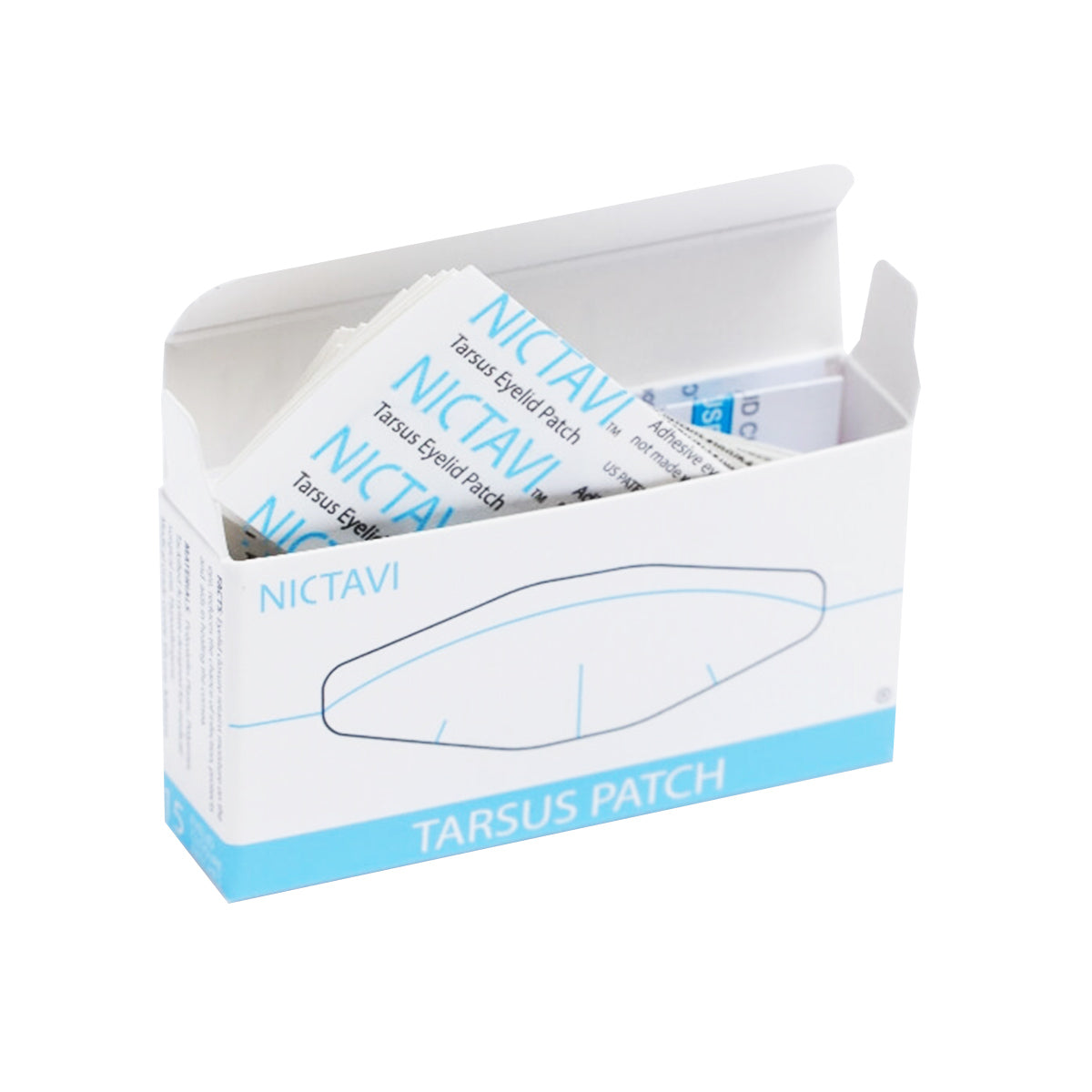 A Nictavi Disposable Device box, containing 15 patches for nighttime eyelid closure, provides dry eye relief. The white and blue design highlights corneal protection with an eyelid closure illustration. Each patch is individually wrapped.