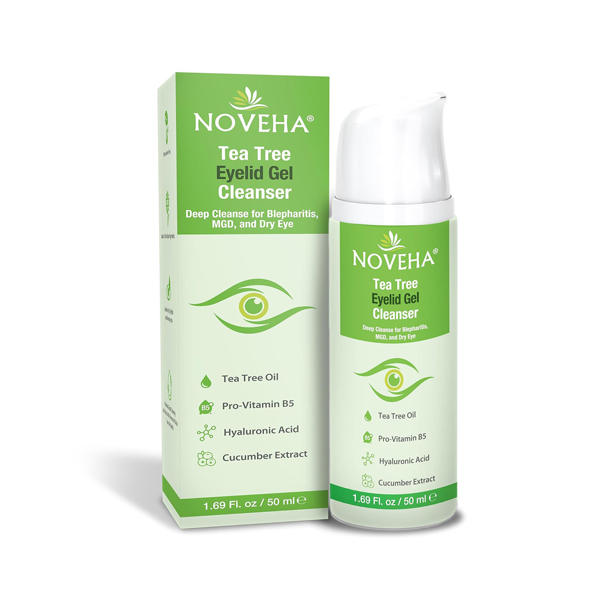 The Noveha Tea Tree Eyelid Gel Cleanser (50mL) features striking green and white packaging, emphasizing its key ingredients: Tea Tree Oil, Pro-Vitamin B5, Hyaluronic Acid, and Cucumber Extract. It is designed to deeply cleanse for eye conditions like Dry Eye and Blepharitis.