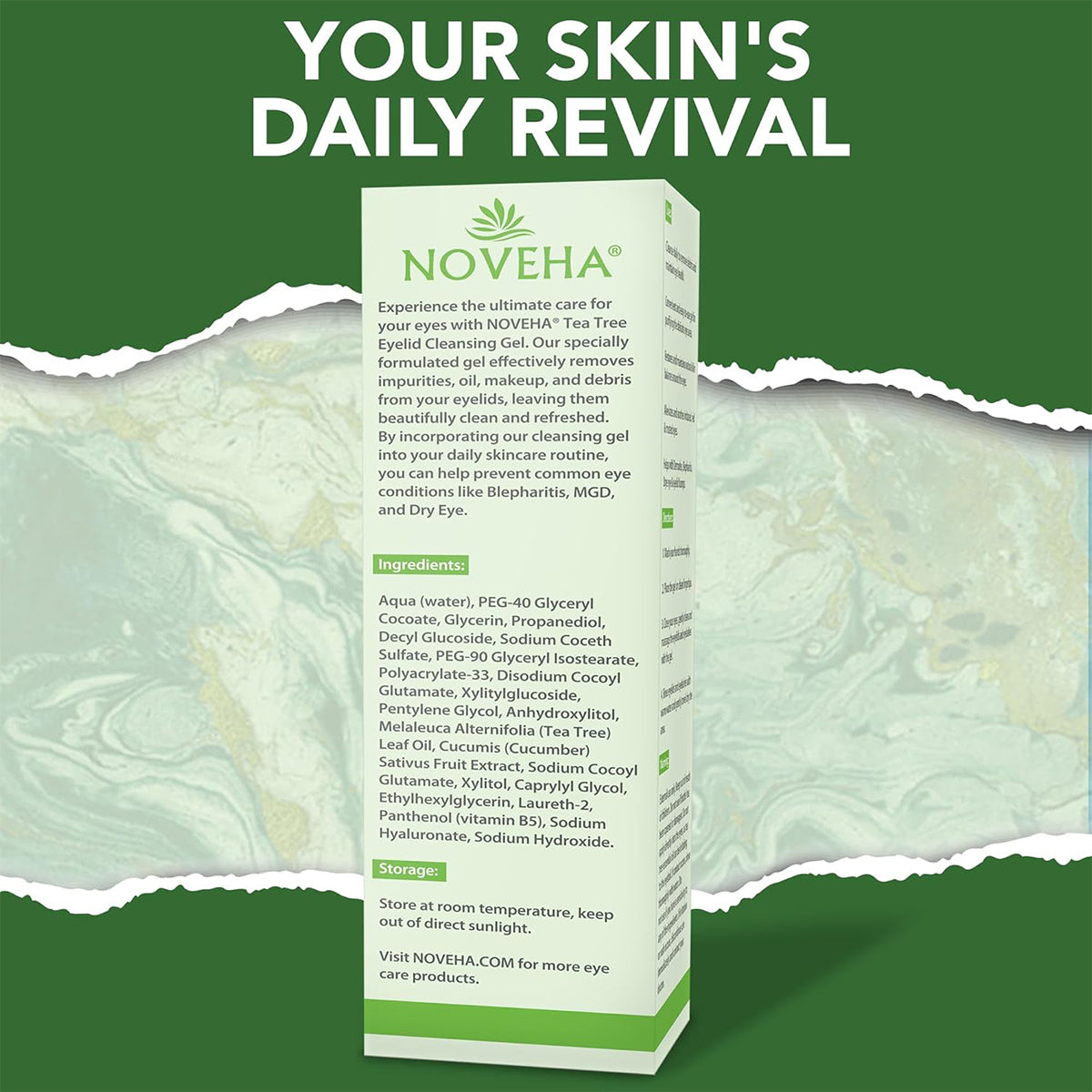 The Noveha Tea Tree Eyelid Gel Cleanser (50mL) is displayed in a green and white box with YOUR SKINS DAILY REVIVAL above, ideal for dry eye or blepharitis. The packaging details ingredients and a website link against a leafy backdrop.