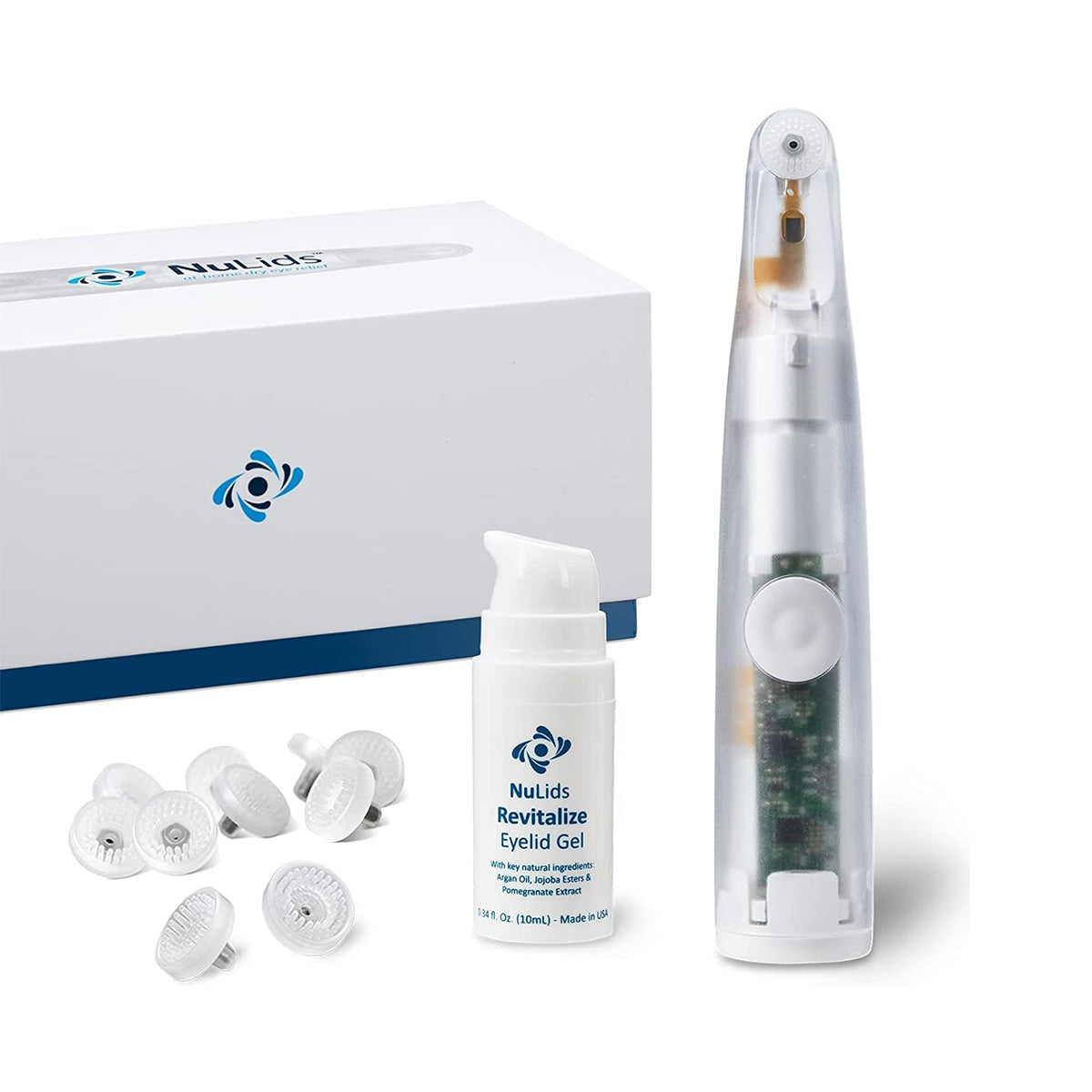 Close-up of the NuLids All Natural At-home Eye Treatment kit by Nusight Medical, including an electronic device, 30 tips, and an applicator gel—perfect for managing Meibomian Gland Dysfunction.