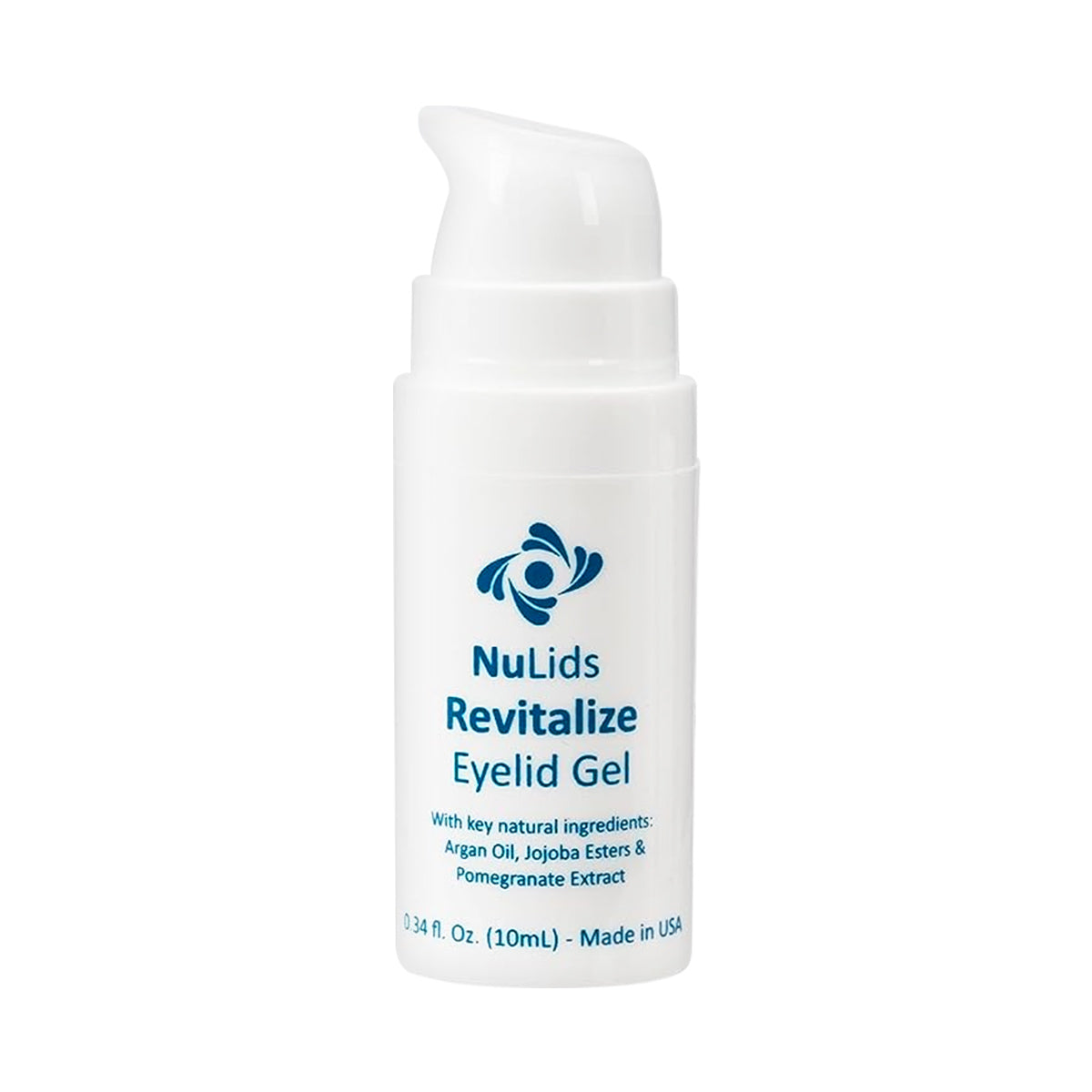 A white pump bottle labeled Nulids Revitalize Eyelid Applicator Gel from NuSight Medical indicates it contains argan oil, jojoba esters, and pomegranate extract for anti-inflammatory benefits. The 0.34 fl. oz. (10mL) bottle is made in the USA and serves as a 90-day supply.