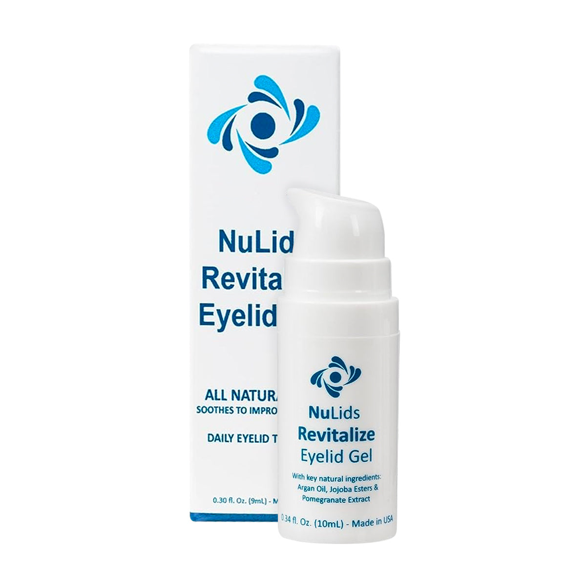 The NuSight Medical NuLids Revitalize Eyelid Gel, in a white pump dispenser bottle and box with blue text, hydrates using natural ingredients like Argan Oil and Pomegranate Extract. Its made in the USA and offers soothing benefits. The package provides a 90-day supply of 10mL gel.