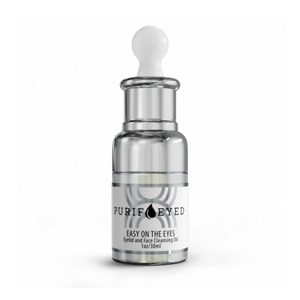 A small glass bottle with a white dropper cap, labeled Purifeyed and Eyelid and Face Cleaning and Hydrating Oil All Natural (2oz/15ml), contains the PE-10 Complex. The transparent bottle showcases a clear liquid inside, reflecting clean beauty ideals.