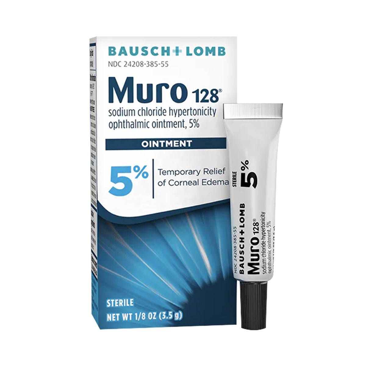 The Bausch + Lomb Muro 128 Sodium Chloride Ointment Twin Pack provides 5% hypertonic relief for corneal edema, packaged in a blue and white design. Each tube contains 1/8 oz (3.5 g) of ointment.