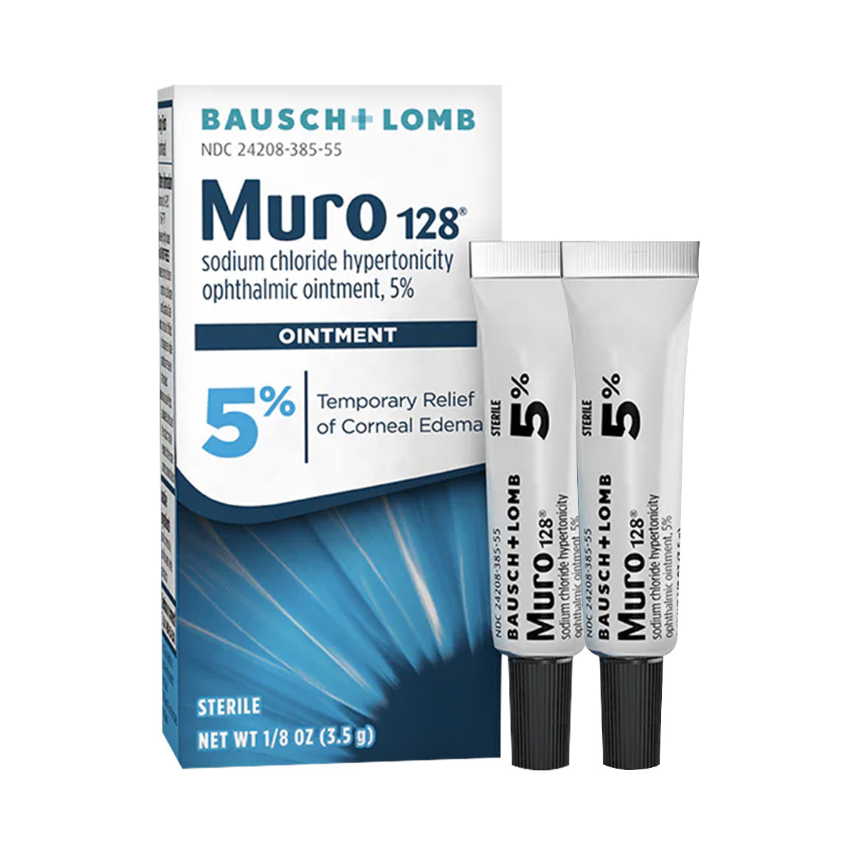 Bausch + Lombs Muro 128, a sodium chloride 5% hypertonicity ophthalmic ointment for temporary corneal edema relief, comes in white tubes with black caps. The packaging contains two 1/8 Fl Oz (3.5 g) tubes highlighting its effective eye care properties.