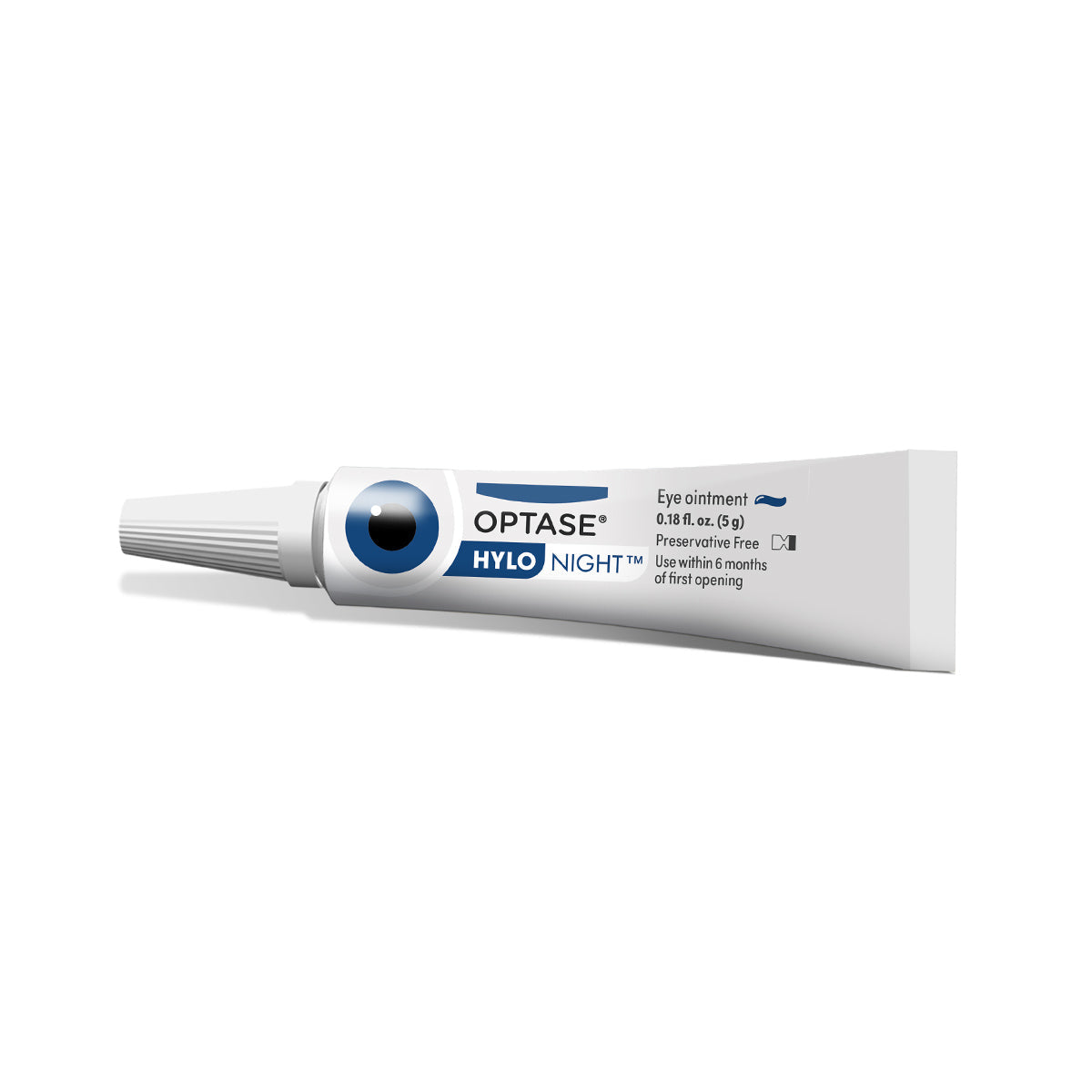 The white tube of Optase Hylo Night Ointment (5g) features a blue and white design with an eye icon. This preservative-free formula offers nighttime dry eye relief and should be used within six months of opening.