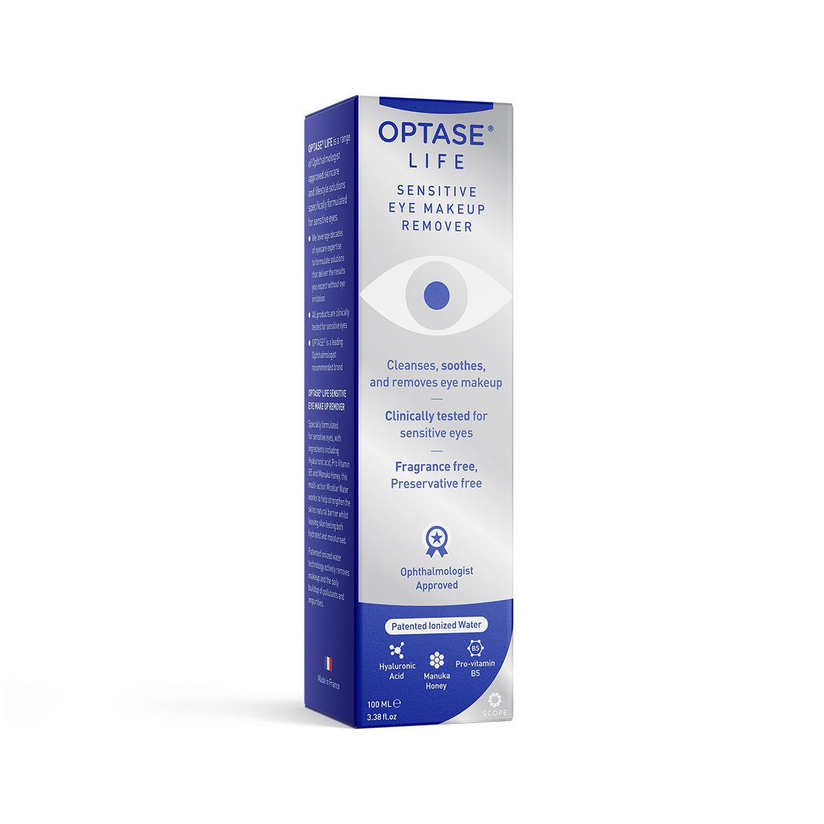 A box of Optase Life Sensitive Eye Makeup Remover features white and blue packaging highlighting its cleansing, soothing makeup removal benefits. Its fragrance-free, preservative-free, ideal for sensitive eyes, and approved by ophthalmologists.