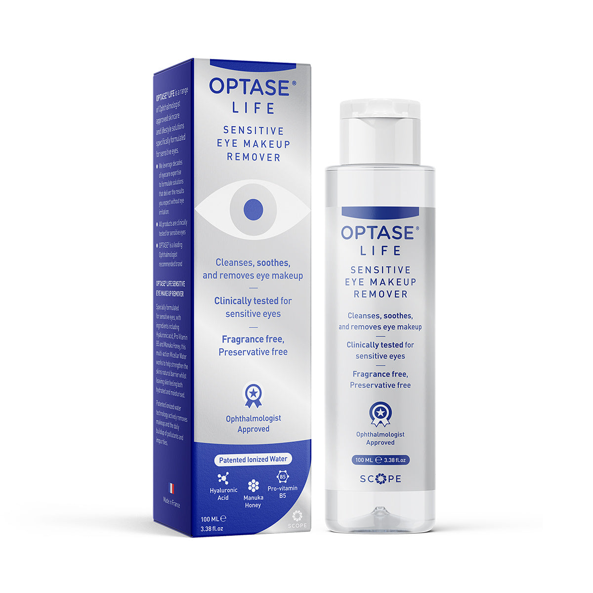 The image features the Optase Life Sensitive Eye Makeup Remover, which includes a bottle and box designed to gently cleanse and soothe sensitive eyes. Ophthalmologist approved, its fragrance-free, preservative-free, with HA and Manuka in a 100 mL (3.38 fl oz) package.