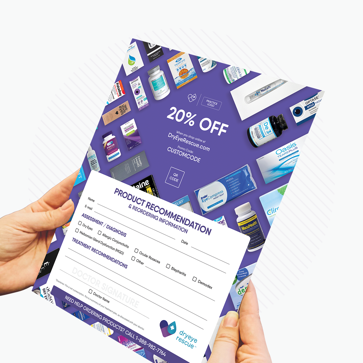 Hands hold a colorful flyer showing various DryEye Rescue products on a purple backdrop. It announces 20% OFF with space for recommendations and your promo code. Includes contact info and practice logo at the bottom. Featured: Product Referral Pad (10 pads, 500 sheets).