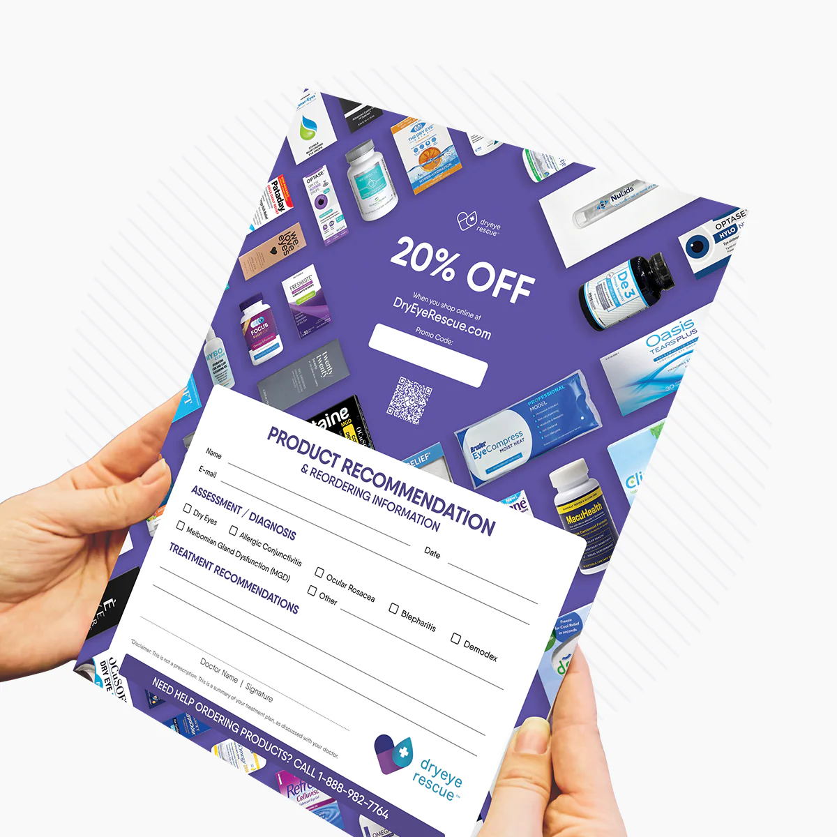 Hands holding a flyer with a 20% off eye care promo, displaying the DryEye Rescue logo. Featuring images of eye drops and supplements, it includes a Product Recommendation area for details and custom codes using a Product Referral Pad Sample (1 pad of 50 sheets).