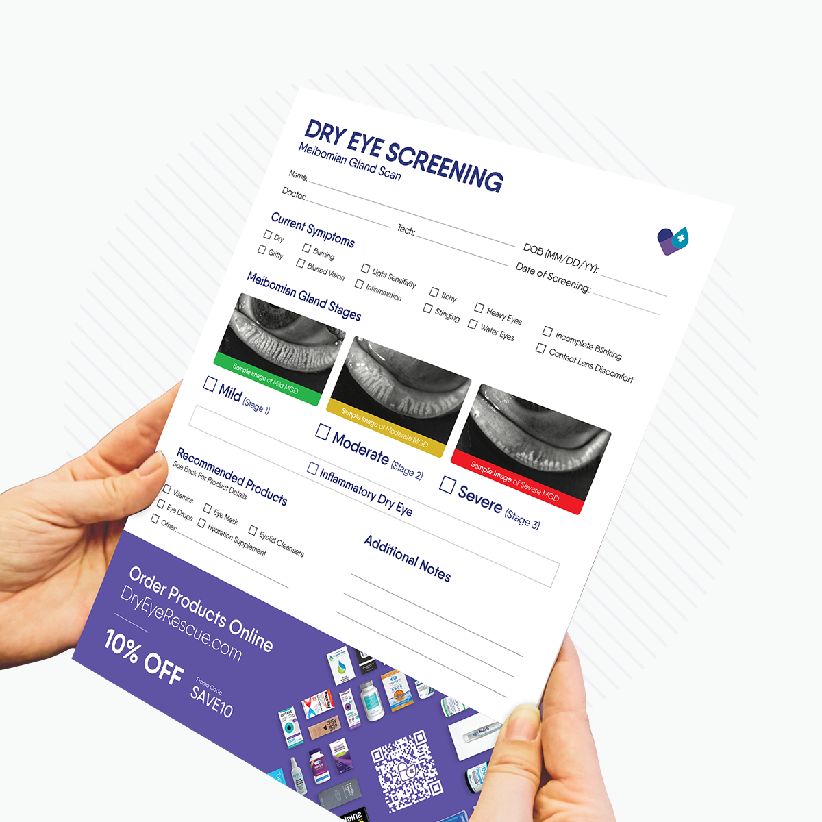 Close-up of hands holding a SPEED Score - Dry Eye Screening/Referral Form by DryEye Rescue, featuring sections for symptoms and Meibo Imaging with stages (Mild, Moderate, Severe). Theres a 10% discount at DryEyeRescue.com to boost conversions.