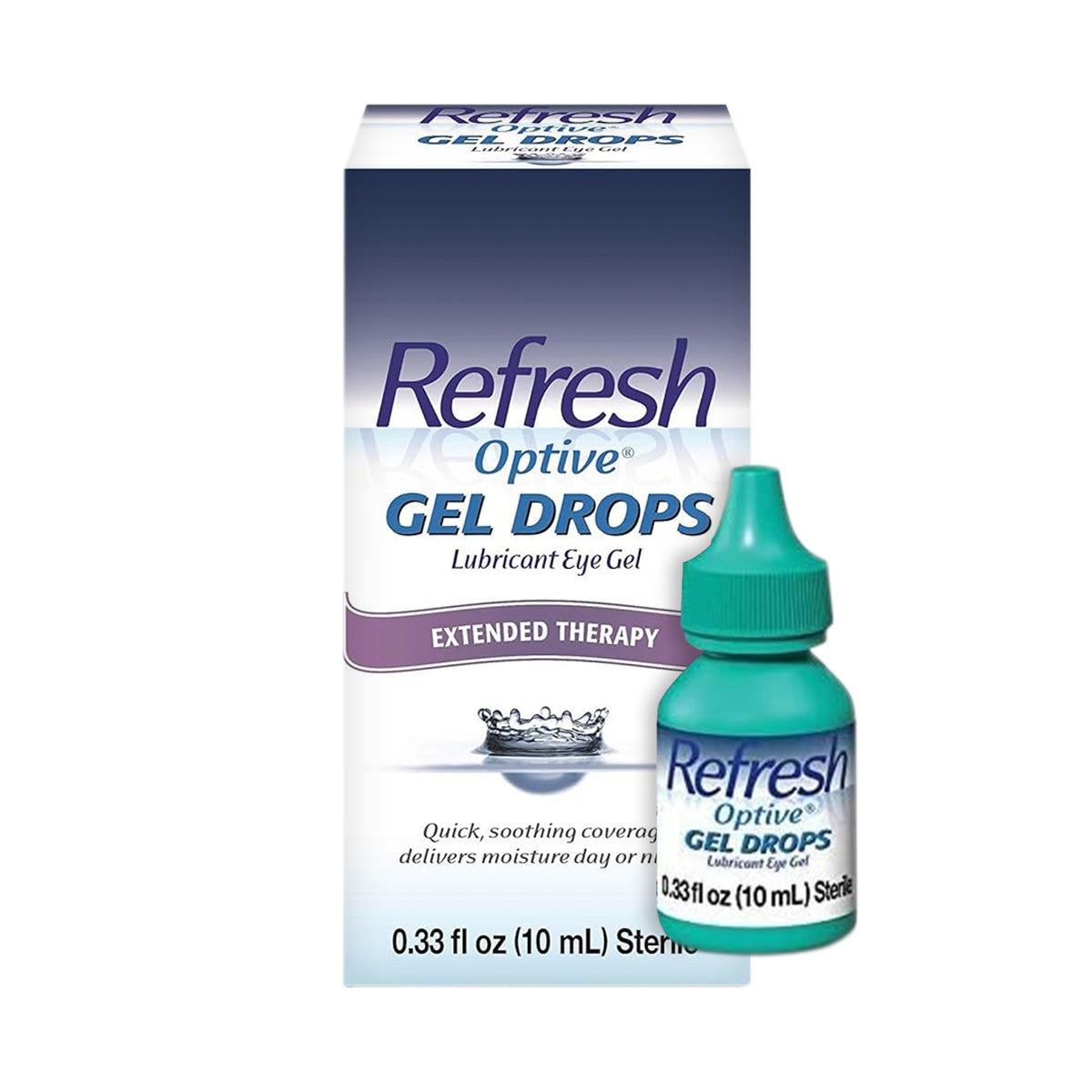 A box and bottle of Refresh Optive® Gel Drops – Lubricant Eye Gel by Abbvie, featuring HydroCell™ technology. The teal bottle with a teal cap and white label alleviates dry eye symptoms. The box displays the product name, usage information, and comes in a handy 0.33 fl oz (10 mL) size.