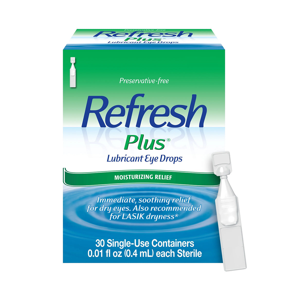 The green and blue box of Abbvie Refresh Plus Lubricant Preservative Free Eye Drops provides moisturizing relief for dry eyes with 30 single-use, 0.01 fl oz vials conveniently displayed to the right.