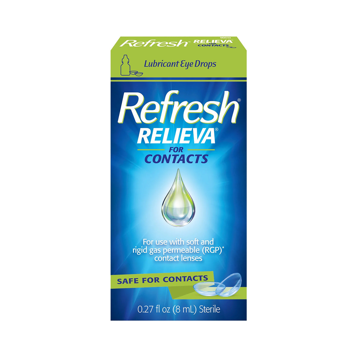 The image shows a green and blue box of Abbvies Refresh Relieva for Contacts, Lubricant Eye Drops (8mL), providing long-lasting comfort and digital eye strain relief for soft and rigid gas permeable lenses. The box features a droplet graphic and specifies it as sterile.