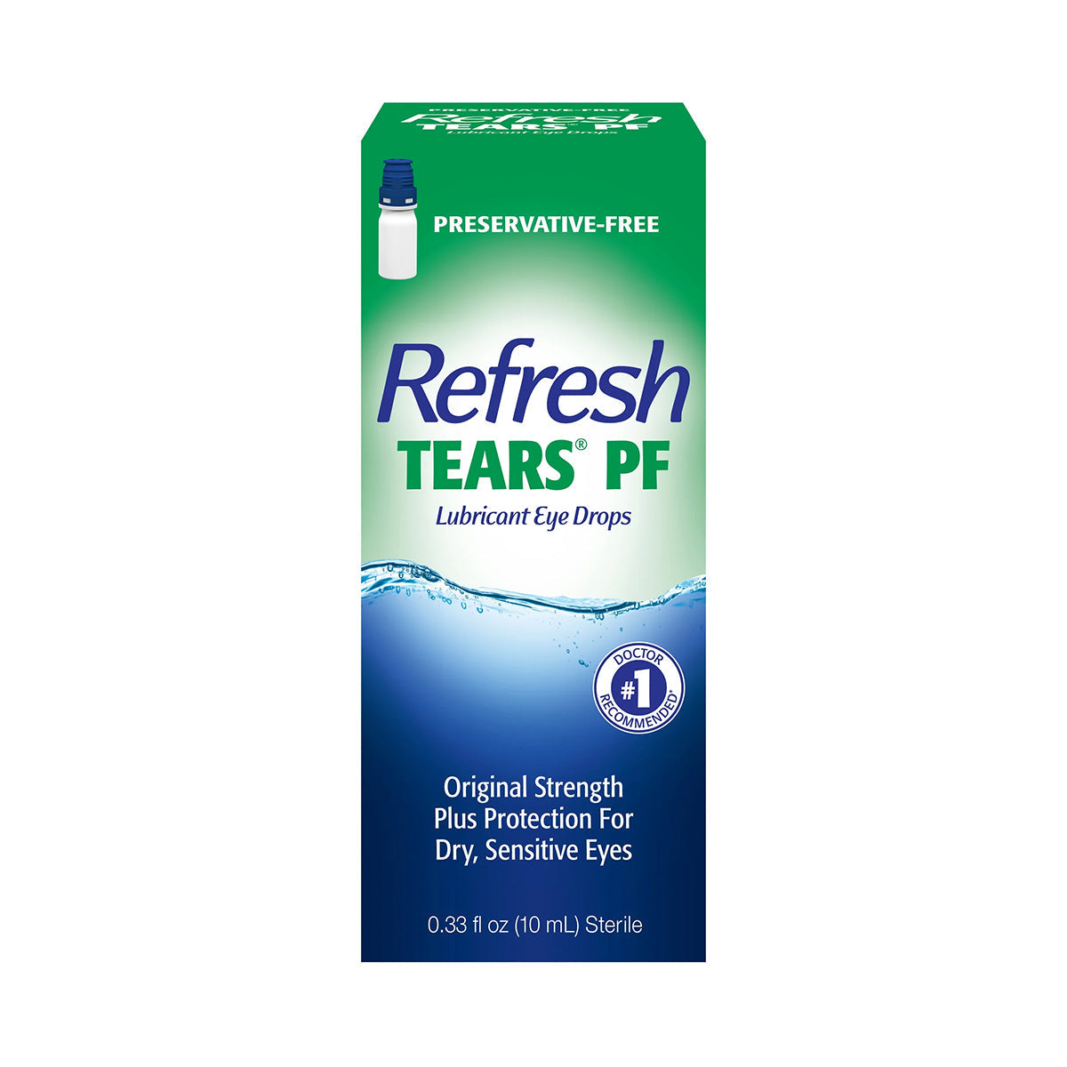 Image of Abbvies Refresh Tears PF Preservative Free Eye Drops, 10mL. The green and blue packaging highlights Preservative-Free and includes a small bottle image. Claims #1 Doctor Recommended for effective Dry Eye Relief for dry, sensitive eyes.