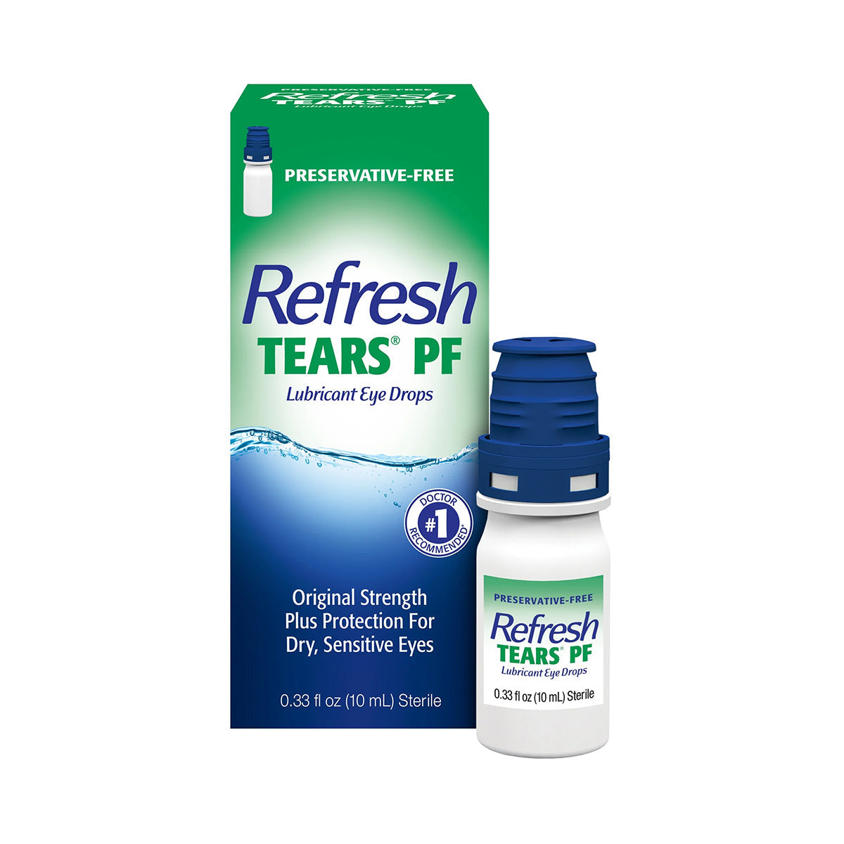 The product image shows Refresh Tears PF Preservative Free Eye Drops by Abbvie. The green and blue box with white text highlights its preservative-free formula, providing dry eye relief for sensitive eyes, while the 10 mL bottle is prominently displayed in front of the packaging.