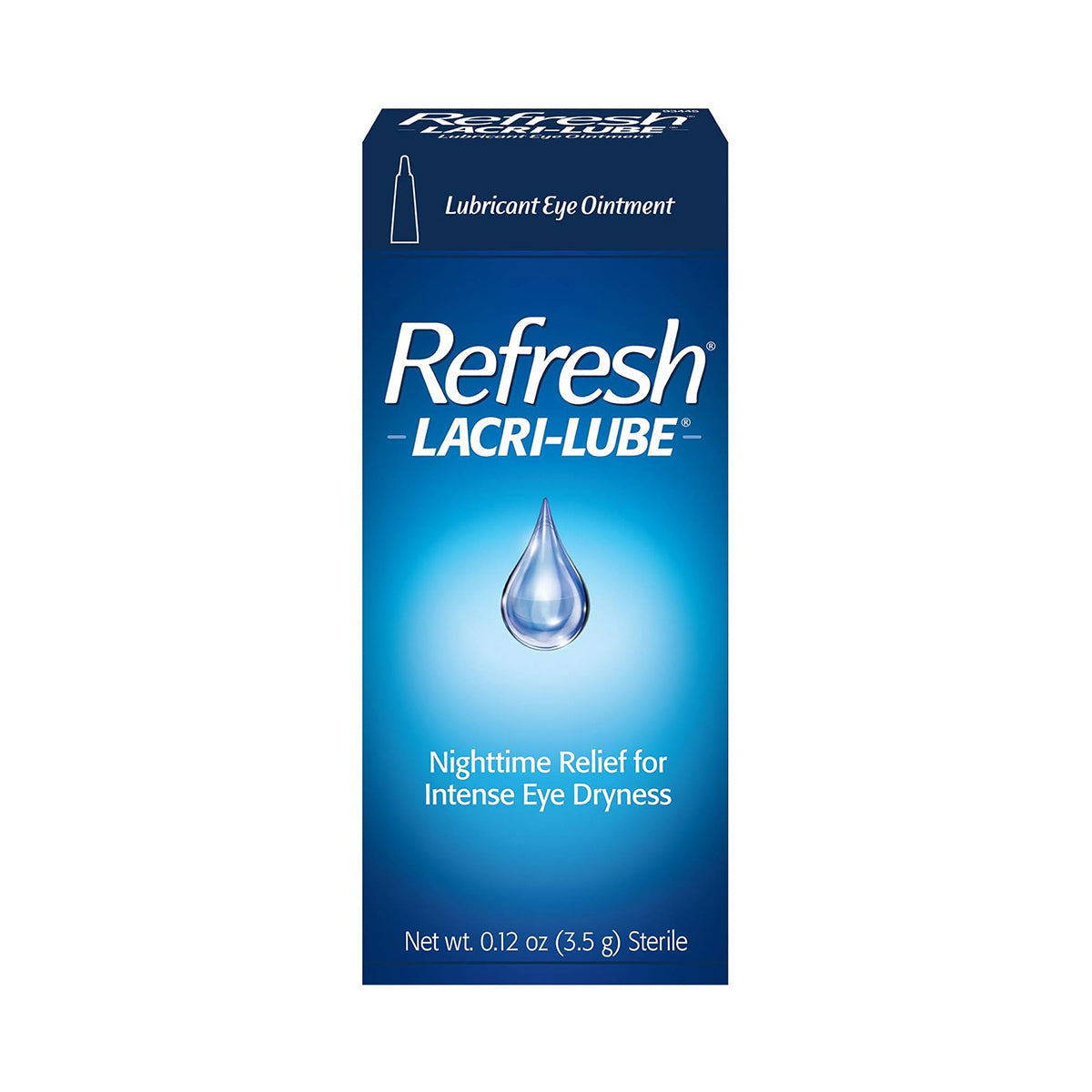 Refresh Lacri-Lube Lubricant Eye Ointment by Abbvie features a prominent droplet graphic, emphasizing Nighttime Relief for Intense Eye Dryness. It delivers overnight hydration, is sterile, and comes in a 0.12 oz (3.5 g) tube.