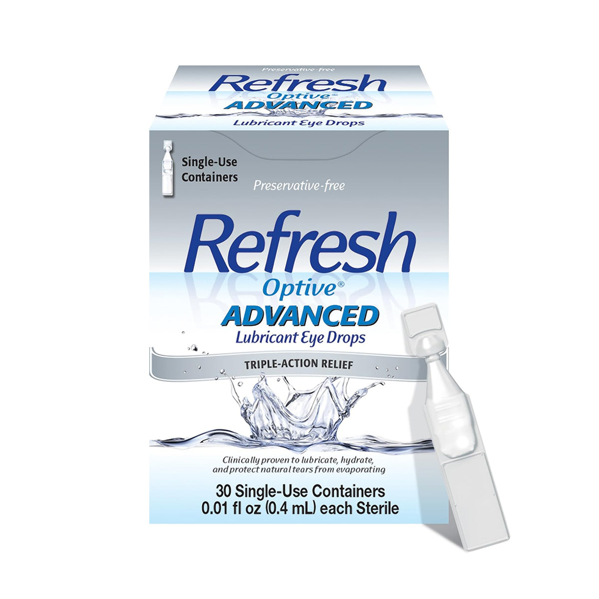 Box of Refresh Optive® Advanced Preservative-Free Lubricant Eye Drops by Abbvie, featuring a triple-action formula for dry eye relief. Includes an image of a single-use vial next to the box. Contains 30 sterile single-use vials.