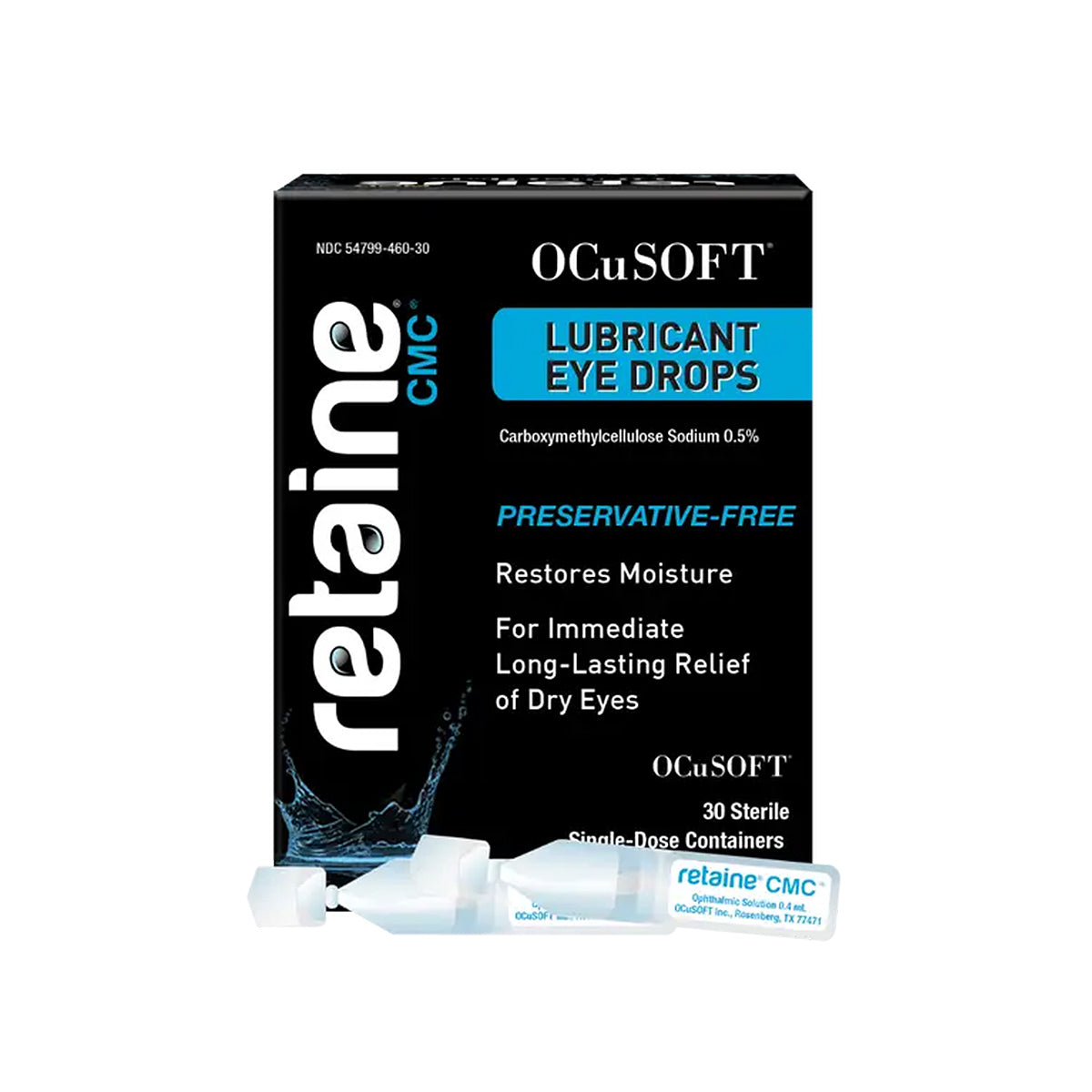 The image features OCuSOFT Retaine CMC Eye Drops, a preservative-free, hydrating solution for dry eye relief. It includes 30 single-use sterile vials formulated to restore moisture and provide long-lasting comfort.