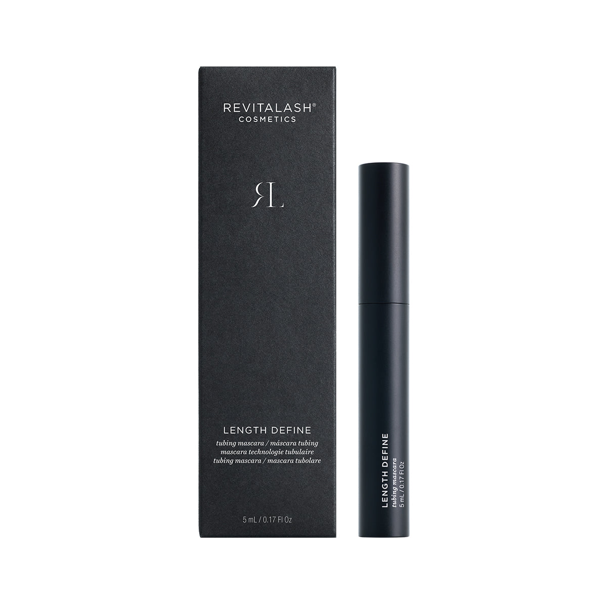 The RevitaLash Length Define Tubing Mascara features a black tube and sleek rectangular box with minimalist white text. At 5mL, this innovative formula employs tube technology to enhance lashes by up to 300% in length.