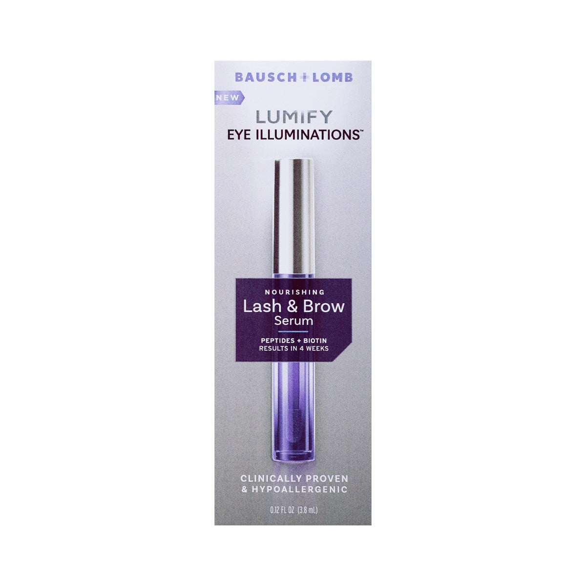 The image features Bausch + Lombs LUMIFY Eye Illumination Nourishing Lash & Brow Serum, promising fuller lashes and brows in 4 weeks with a hypoallergenic, peptide-enriched formula. The white box with purple accents highlights its clinically proven results.