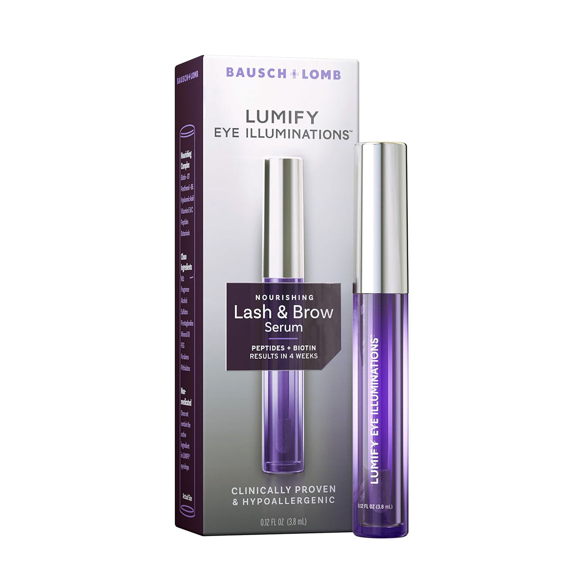 The image shows a purple container and box of LUMIFY Eye Illumination Nourishing Lash & Brow Serum 0.12 fl oz by Bausch + Lomb, featuring peptides and biotin to deliver clinically proven fuller lashes and brows in just four weeks.