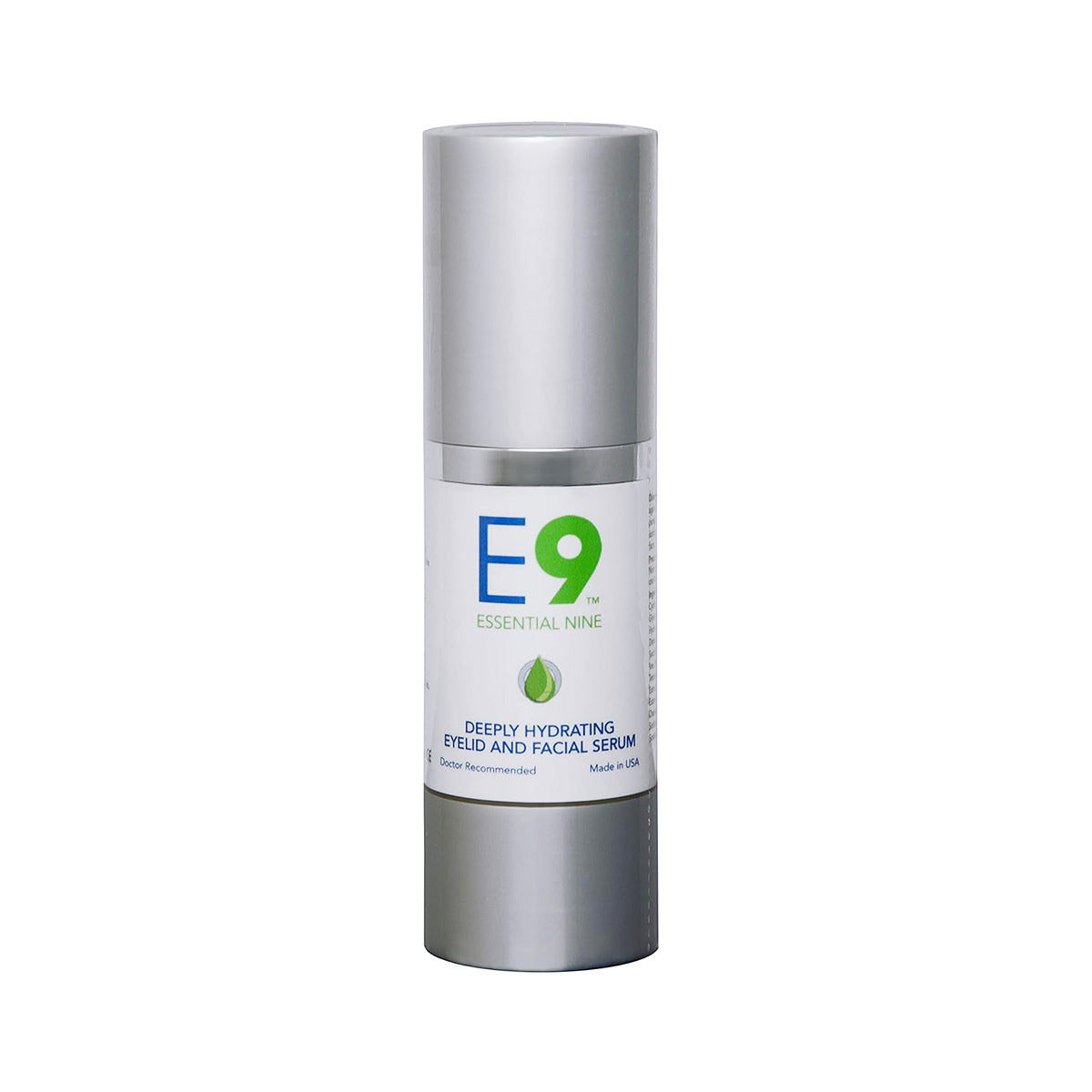 A silver cylindrical bottle labeled with a green leaf logo contains PRN Essential Nine Eyelid & Skin Therapy serum. This doctor-recommended, Made in USA product hydrates and provides anti-aging benefits for puffiness, wrinkles, and dark circles (1 oz).