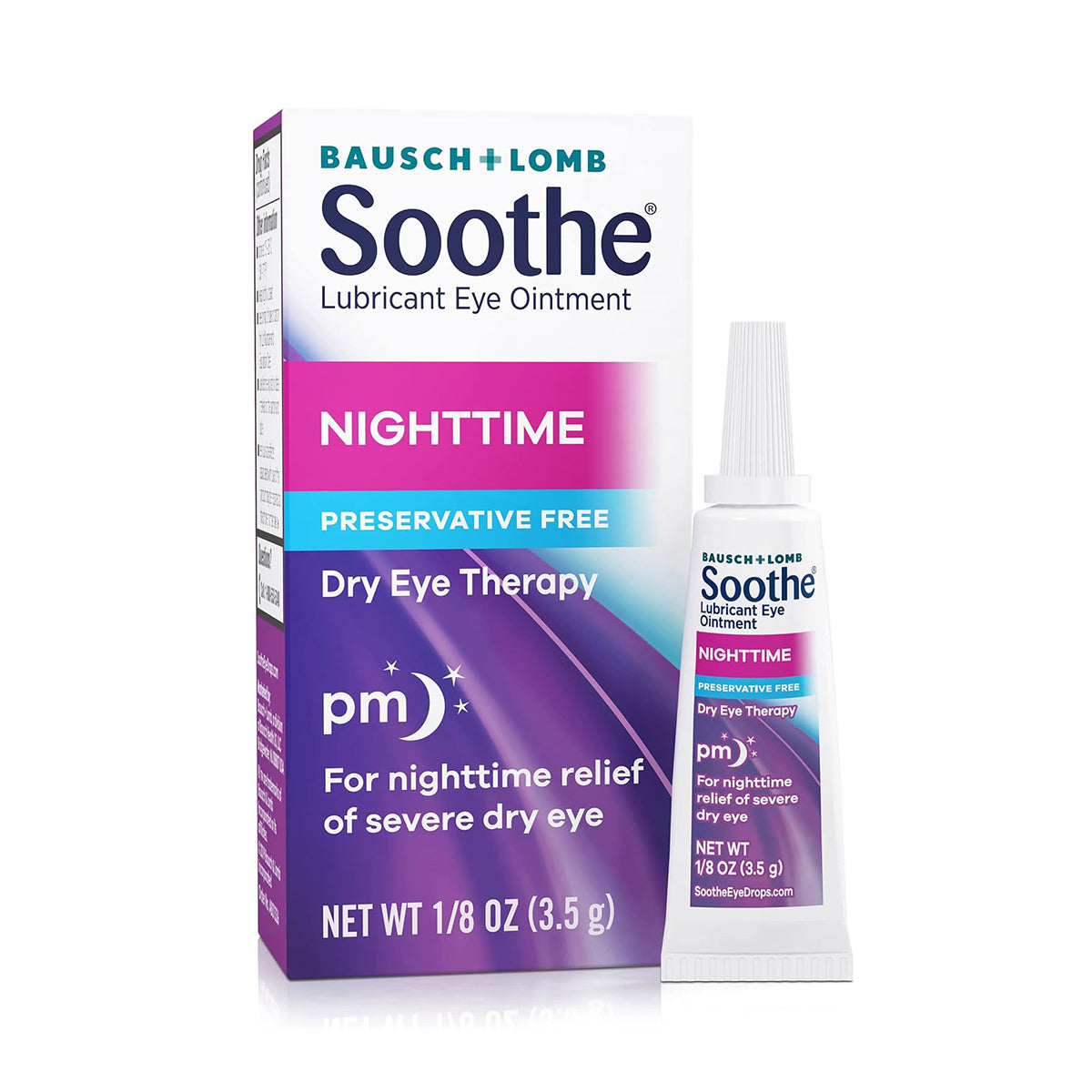 The Soothe Eye Ointment by Bausch + Lomb is a nighttime, preservative-free lubricant for severe dry eye relief. It comes in a box with a 1/8 oz (3.5 g) tube, ensuring comfort all night long.