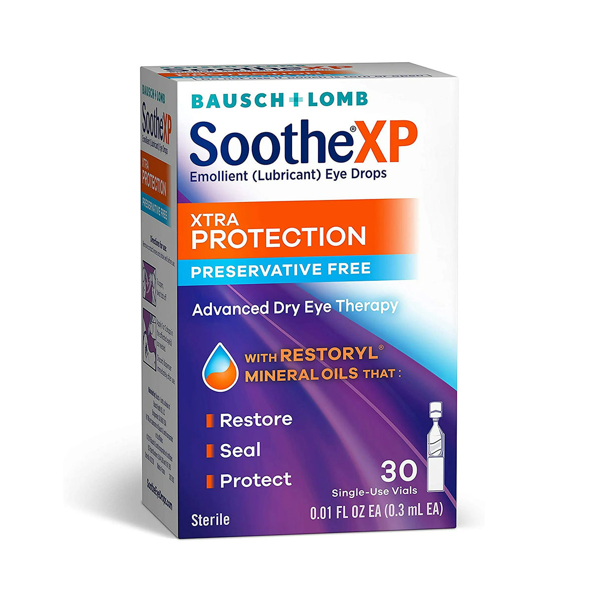 Image of a Bausch & Lomb Soothe XP Lubricant Eye Drops box highlighting Xtra Protection and Preservative Free. This advanced dry eye therapy with 30 single-use vials is designed to Restore, Seal, Protect using Restoryl mineral oils.