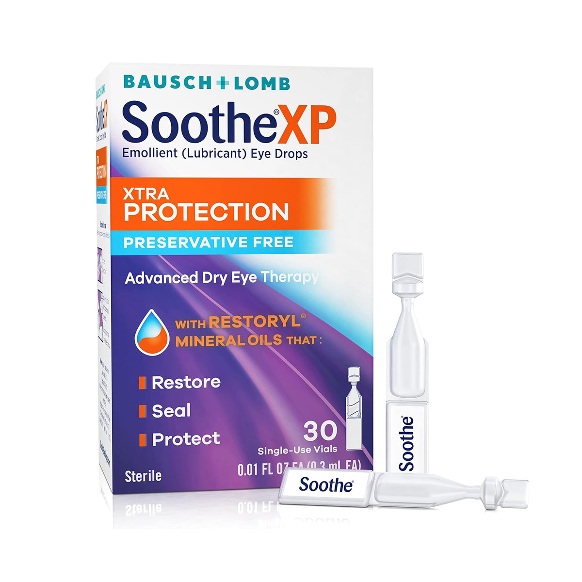 Image of a Bausch & Lomb Soothe XP Lubricant Eye Drops package highlighting Xtra Protection and Preservative Free benefits. Ideal for dry eyes, it features Restoryl mineral oils and includes 30 single-use vials, with one vial shown next to the box.