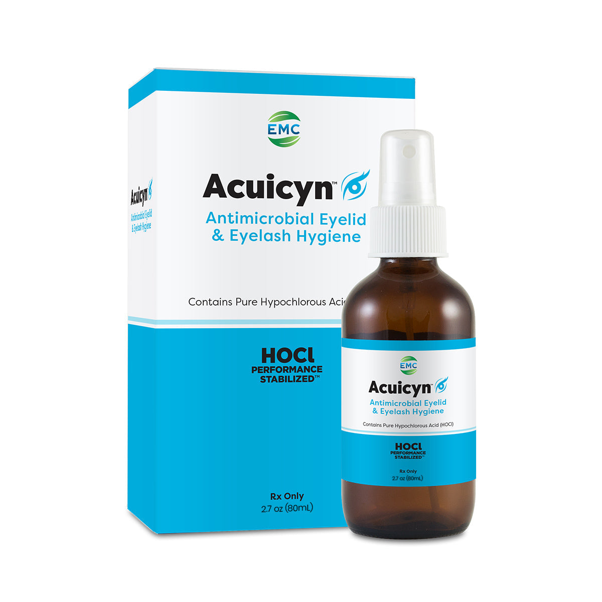 Acuicyn Antimicrobial Eyelid & Eyelash Hygiene - Hypochlorous Solution by EMC, perfect for blepharitis care, is elegantly presented in front of its unique blue and white box, highlighting its pure HOCl content for effective eyelid and eyelash hygiene.