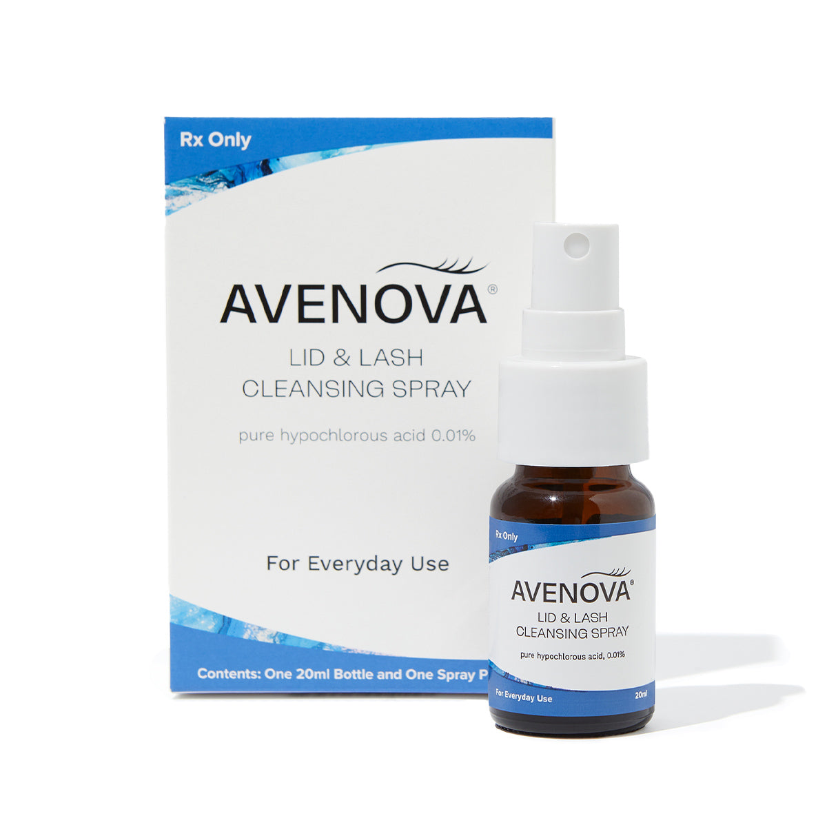 In front of a matching box with blue accents, a brown spray bottle labeled Avenova® Hypochlorous Spray Solution from NovaBay offers dry eye relief with 20ml of pure hypochlorous acid 0.01% for daily use and features an Rx Only label.