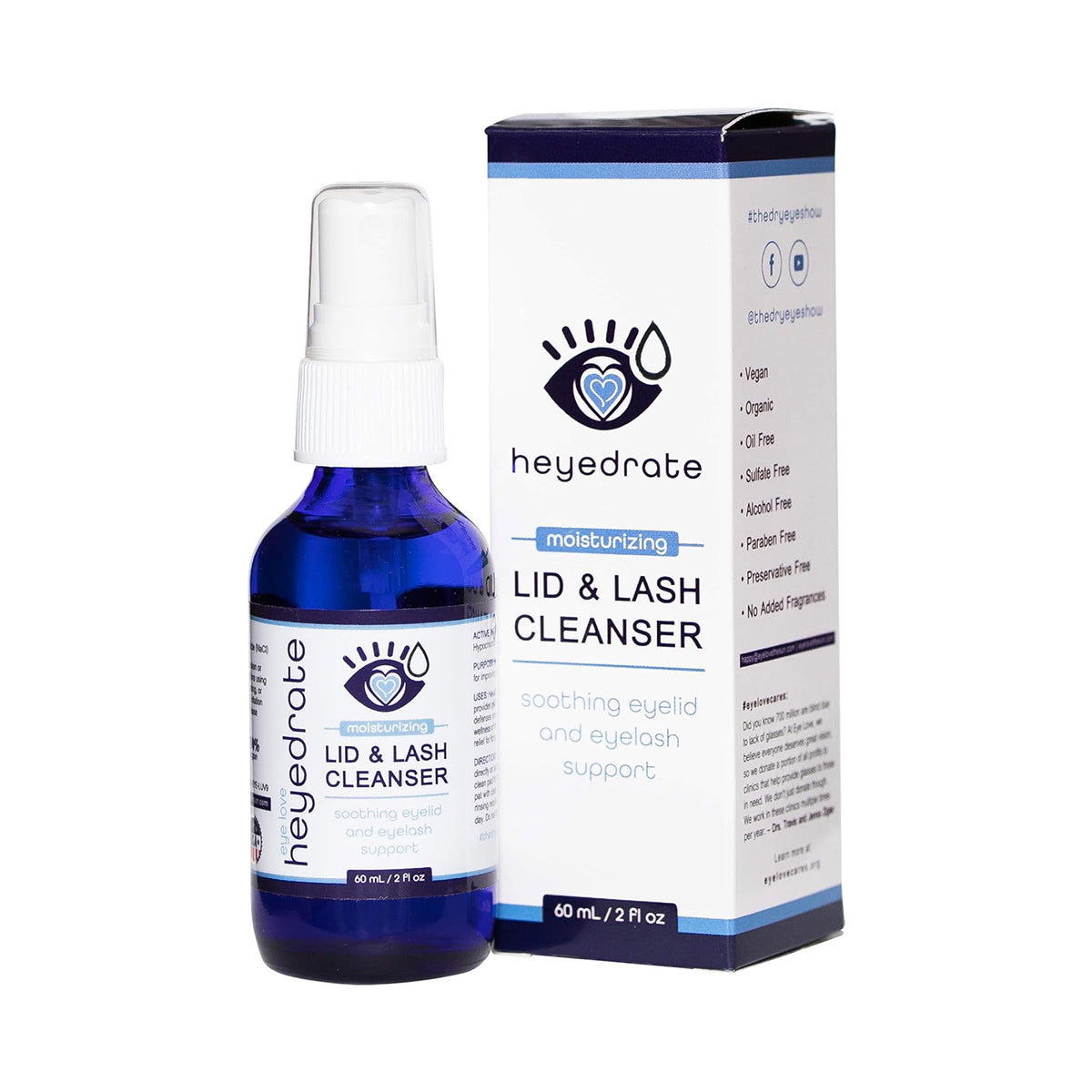 PRNs Heyedrate Lid & Lash Cleanser in a blue 2oz bottle features a moisturizing hypochlorous acid formula for soothing eye care. The packaging highlights benefits like eyelid and eyelash support, ideal for dry eye relief, with ingredients clearly listed.