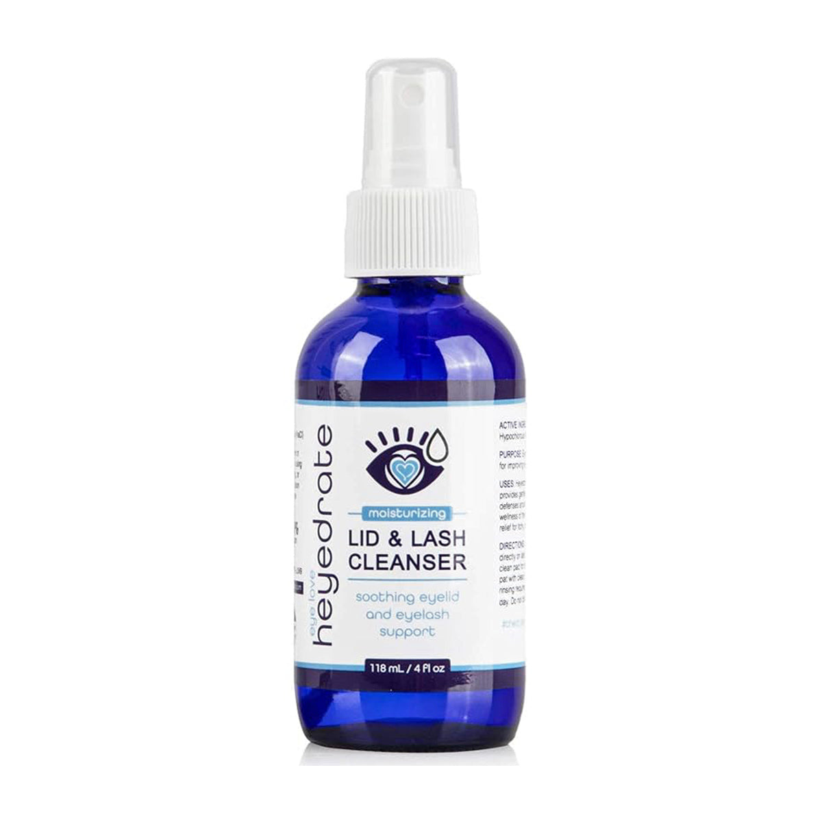 The 4 oz blue spray bottle of Heyedrate Lid & Lash Cleanser by PRN, enriched with hypochlorous acid, offers moisturizing and soothing relief for eyelids and eyelashes. Its logo features a hand and eye illustration, ensuring effective dry eye support.