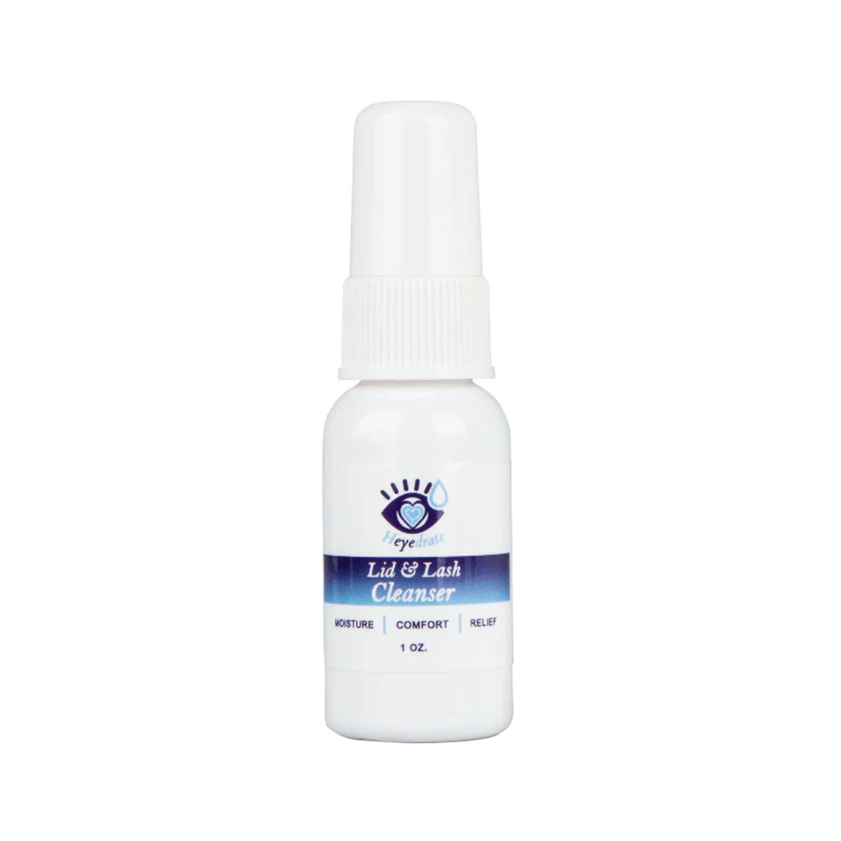 The Heyedrate Lid & Lash Cleanser by PRN, ideal for dry eye relief, comes in a white 1 oz bottle with a purple label saying Moisture, Comfort, Relief. It features Hypochlorous Acid and a spray nozzle with a purple eye-and-hand logo.