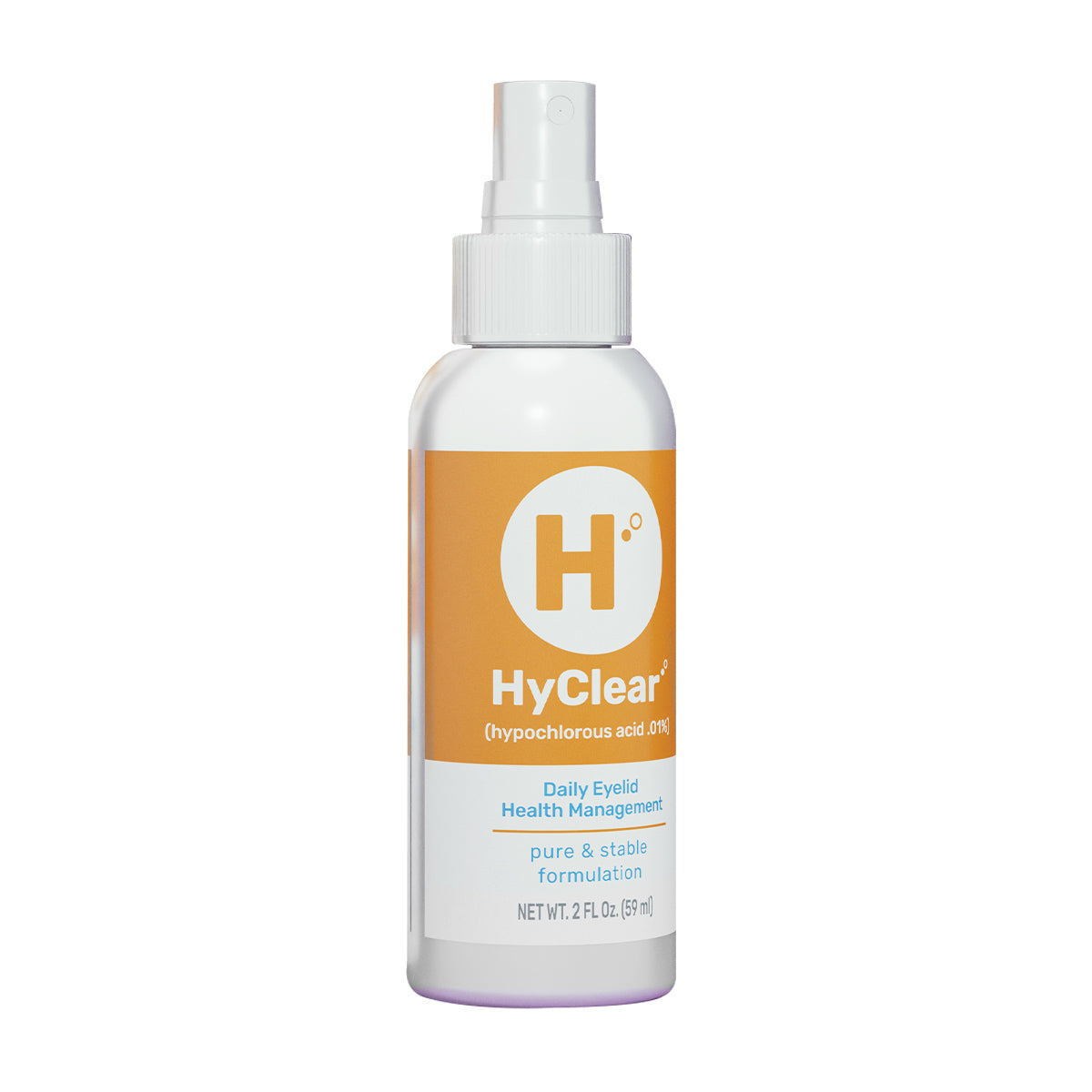 A 60ml white bottle of Hyclear Hypochlorous Spray by Contamac features an orange label with a white H circle. This antimicrobial spray is designed for daily eyelid hygiene and health management, offering a pure, stable formulation.