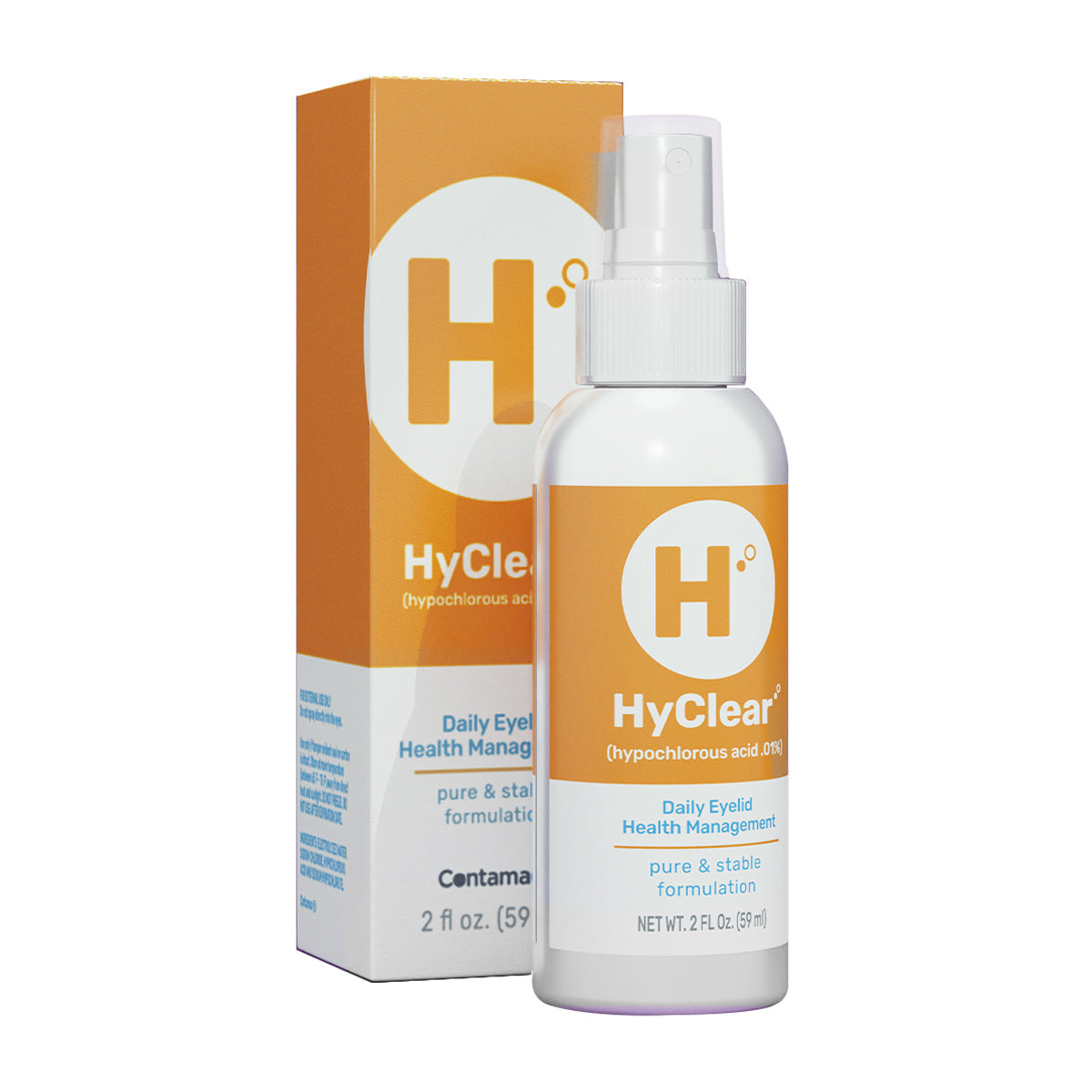 The Hyclear Hypochlorous Spray by Contamac, packaged in a vibrant orange and white box, features 0.01% hypochlorous acid for effective eyelid hygiene and daily health management. Its antimicrobial properties ensure cleanliness with each 60 ml application, providing a 1-2 month supply.